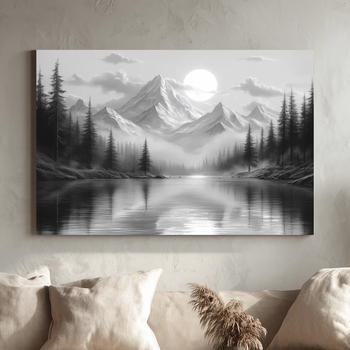 Monochrome Misty Alpine Lake Landscape - Mountain Forest Wall Art