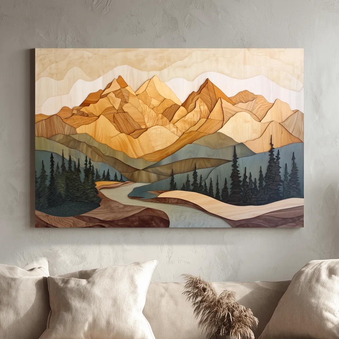 Wood Intarsia Mountain Landscape - Warm Earth Tone Alpine Forest Wall Art