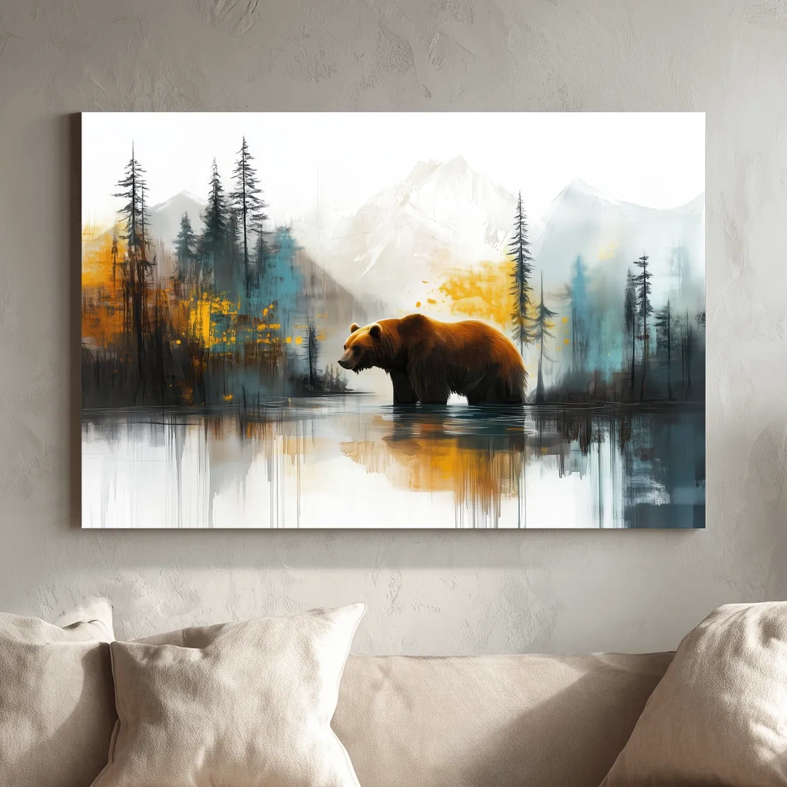Grizzly Bear Lake Reflection - Misty Mountain Forest Watercolor Style Artwork