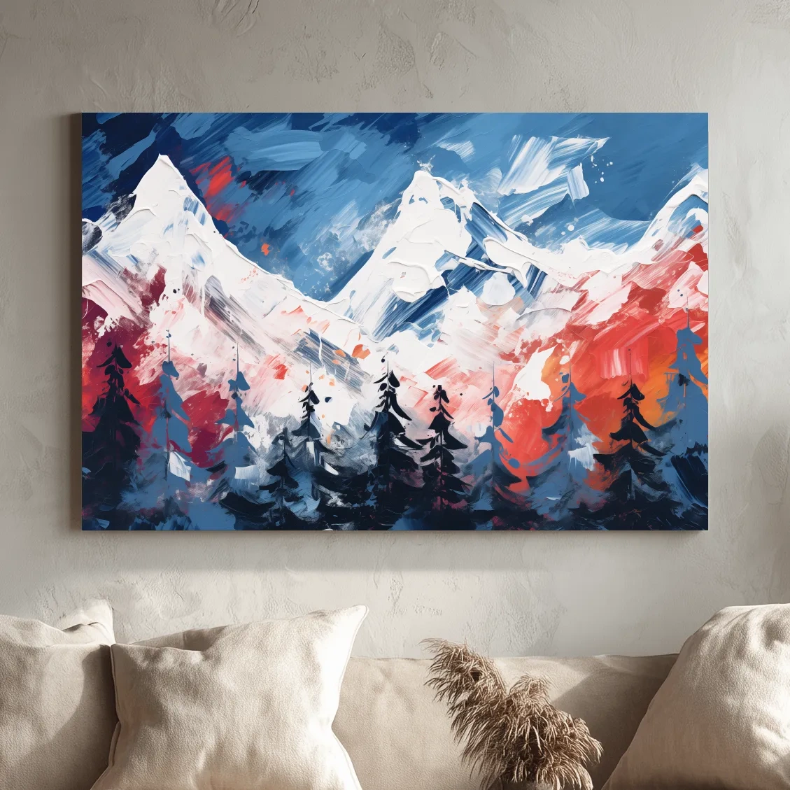 Vibrant Abstract Snowcapped Mountain Peaks - Bold Alpine Forest Landscape Art