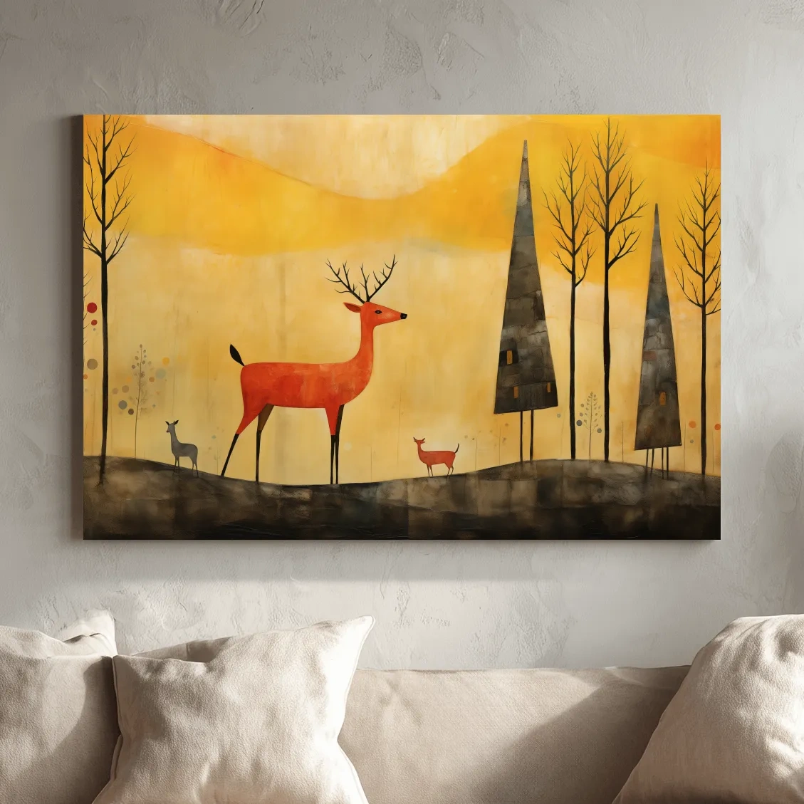Whimsical Deer Forest Illustration - Autumn Woodland Landscape Wall Art