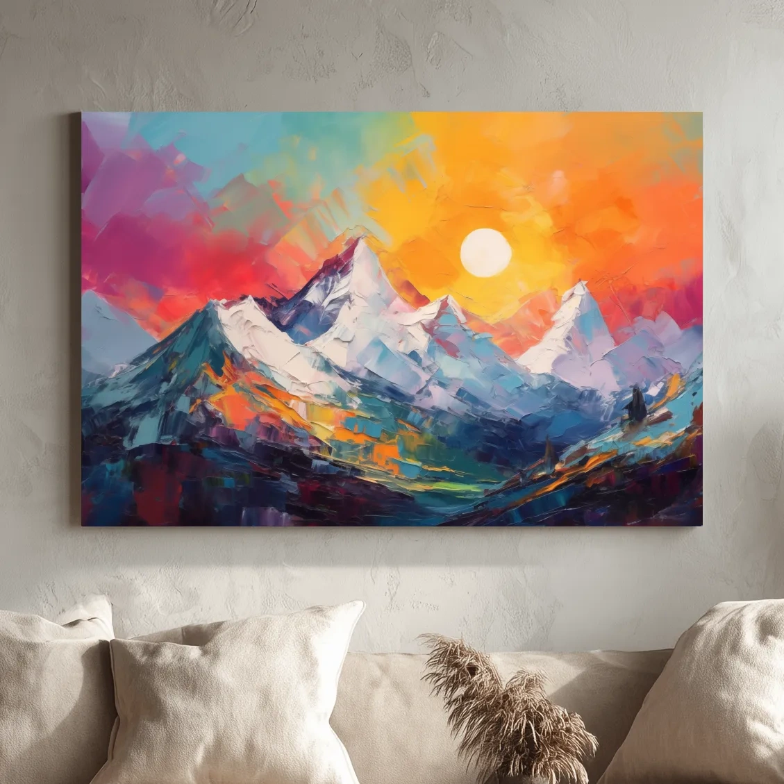 Vibrant Impasto Mountain Sunset Painting - Colorful Abstract Alpine Wall Art
