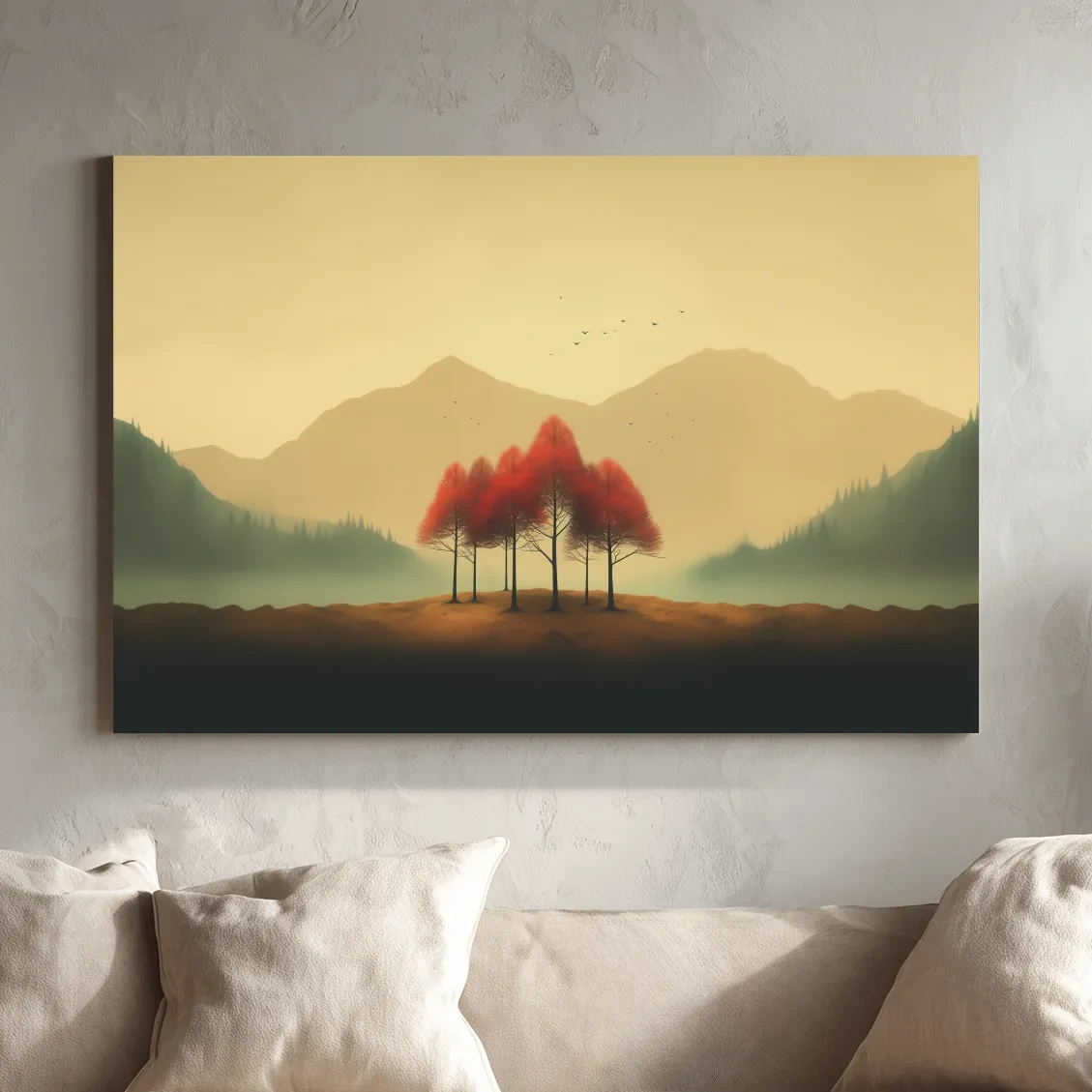 Minimalist Autumn Tree Grove Landscape - Misty Mountain Forest Wall Art