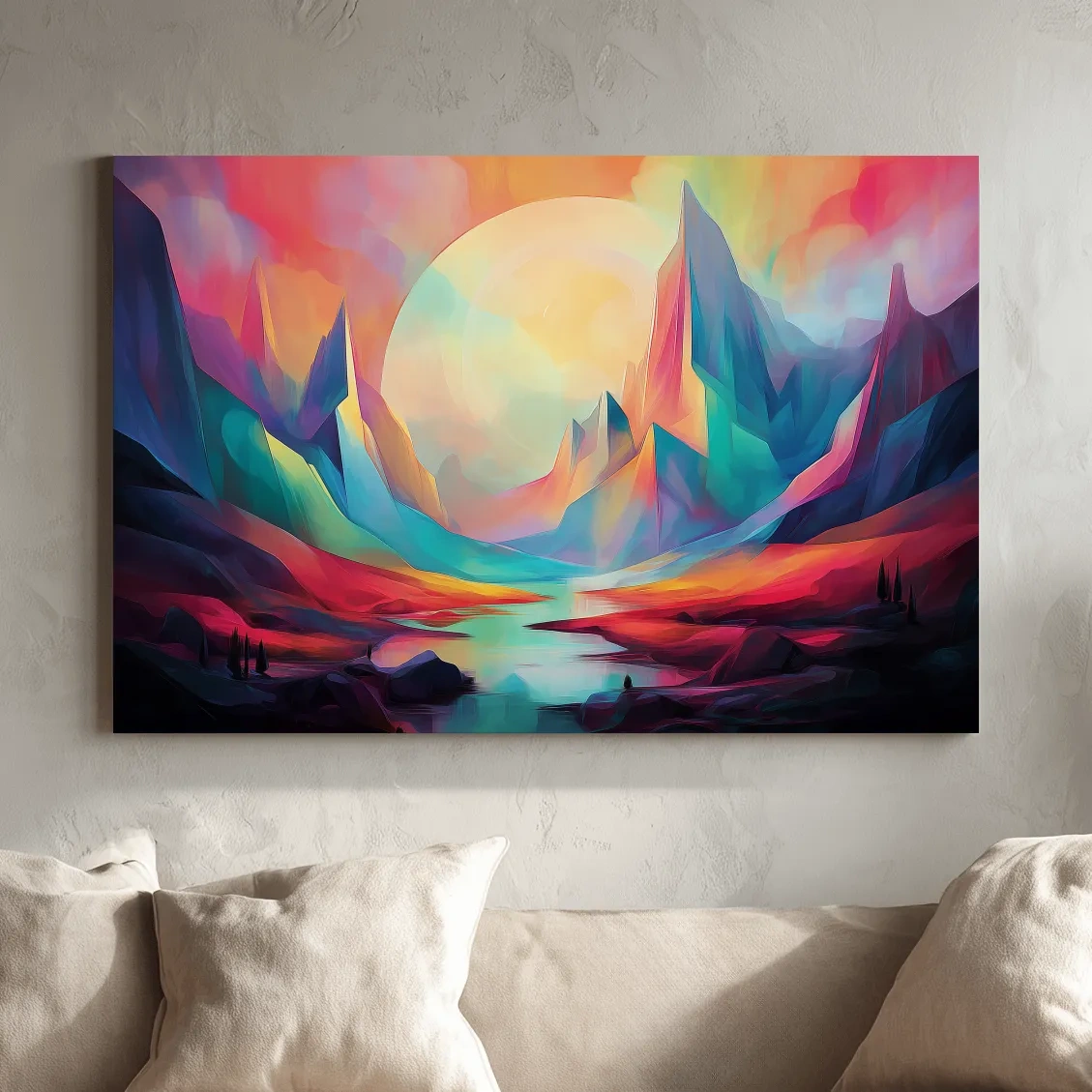 Vibrant Abstract Mountain Valley Sunset - Colorful Surreal Landscape Wall Art