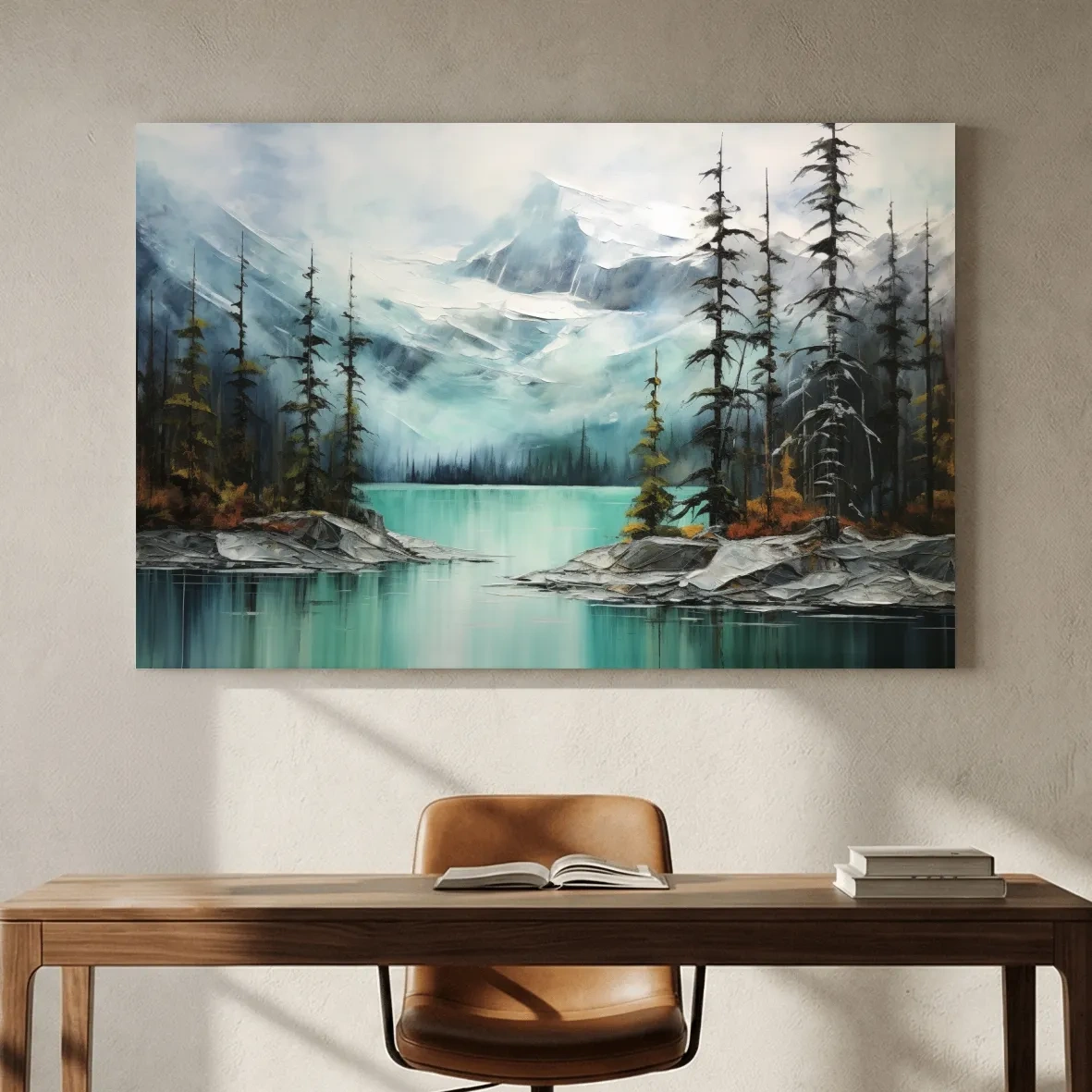 Misty Turquoise Mountain Lake Painting - Serene Alpine Forest Landscape Wall Art