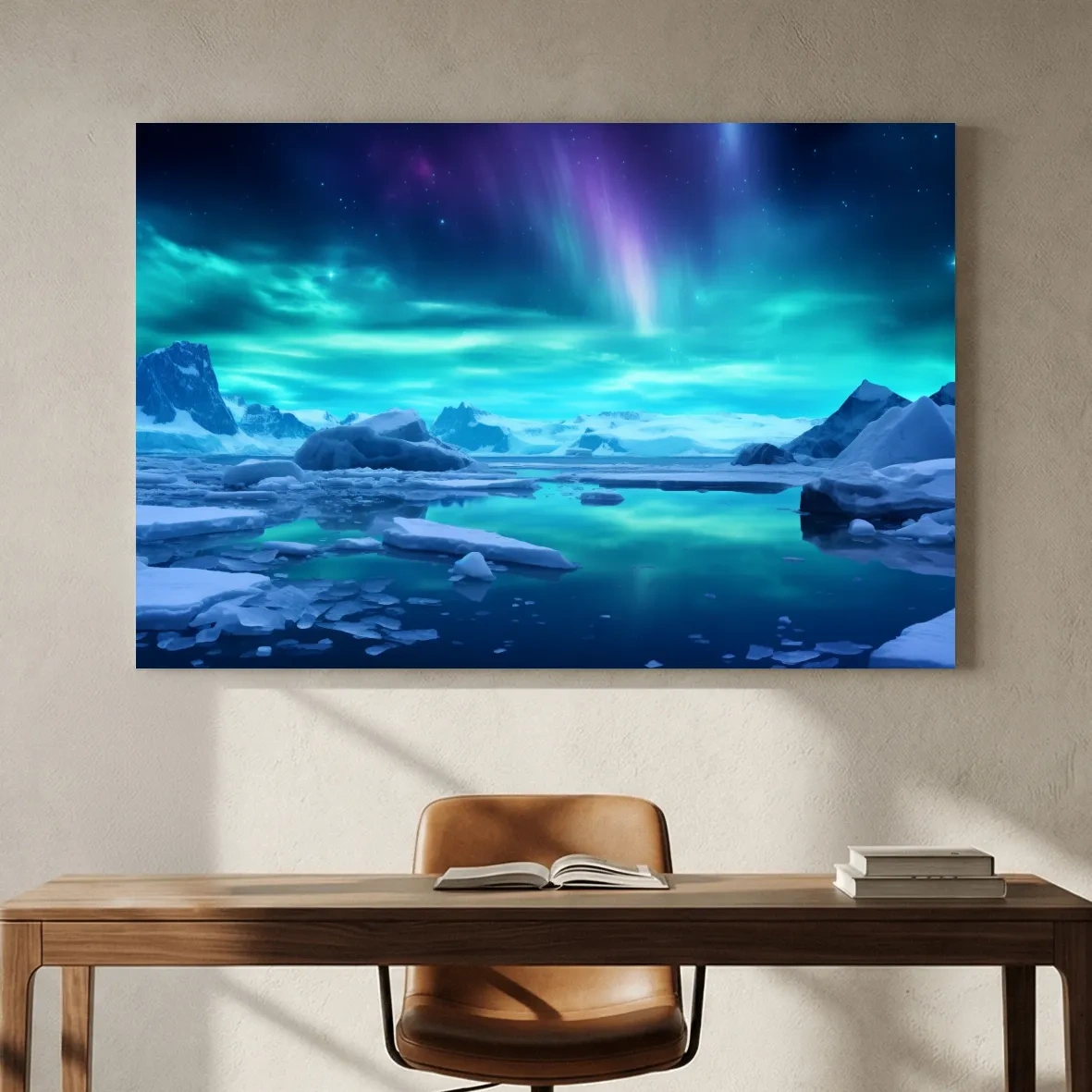 Vibrant Arctic Aurora Over Icebergs - Polar Night Photographic Wall Art
