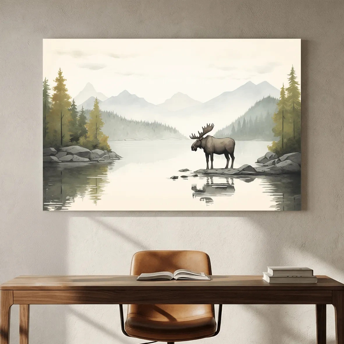 Watercolor Moose By Misty Lake - Mountain Wilderness Nursery Wall Art