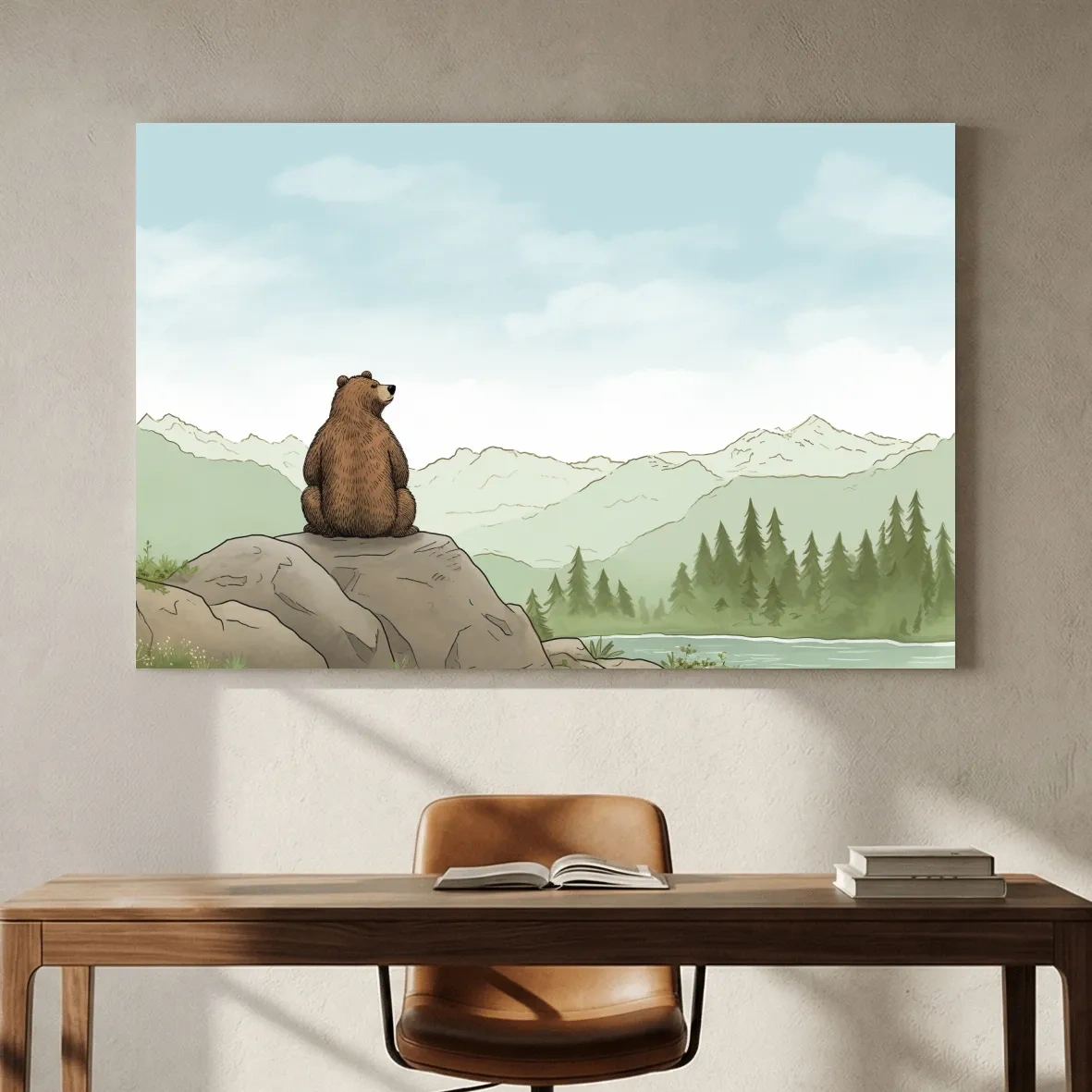 Whimsical Bear Overlooking Mountains - Cute Illustrated Nursery Wall Art