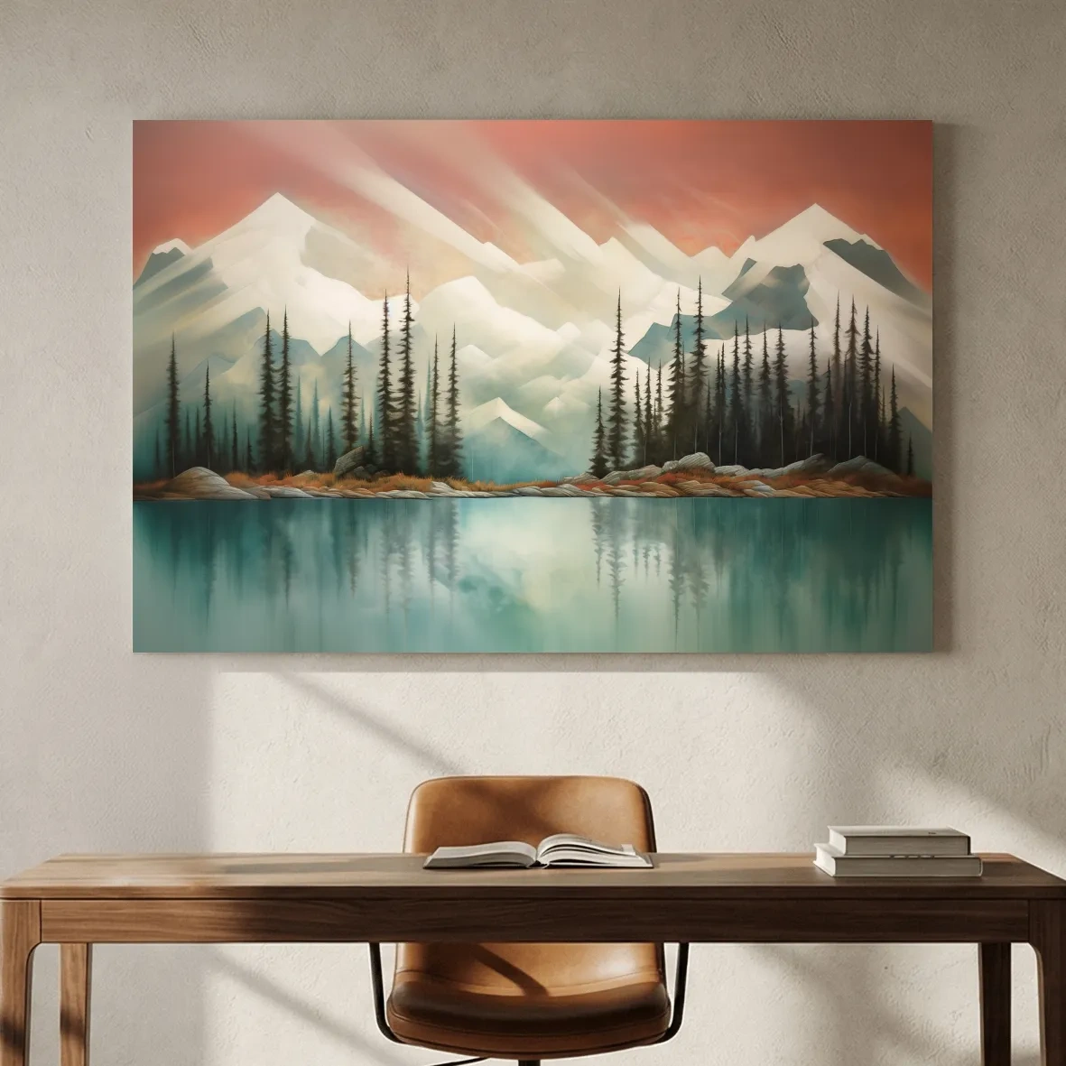 Abstract Alpine Lake Landscape Painting - Serene Pine Forest Mountain Wall Art