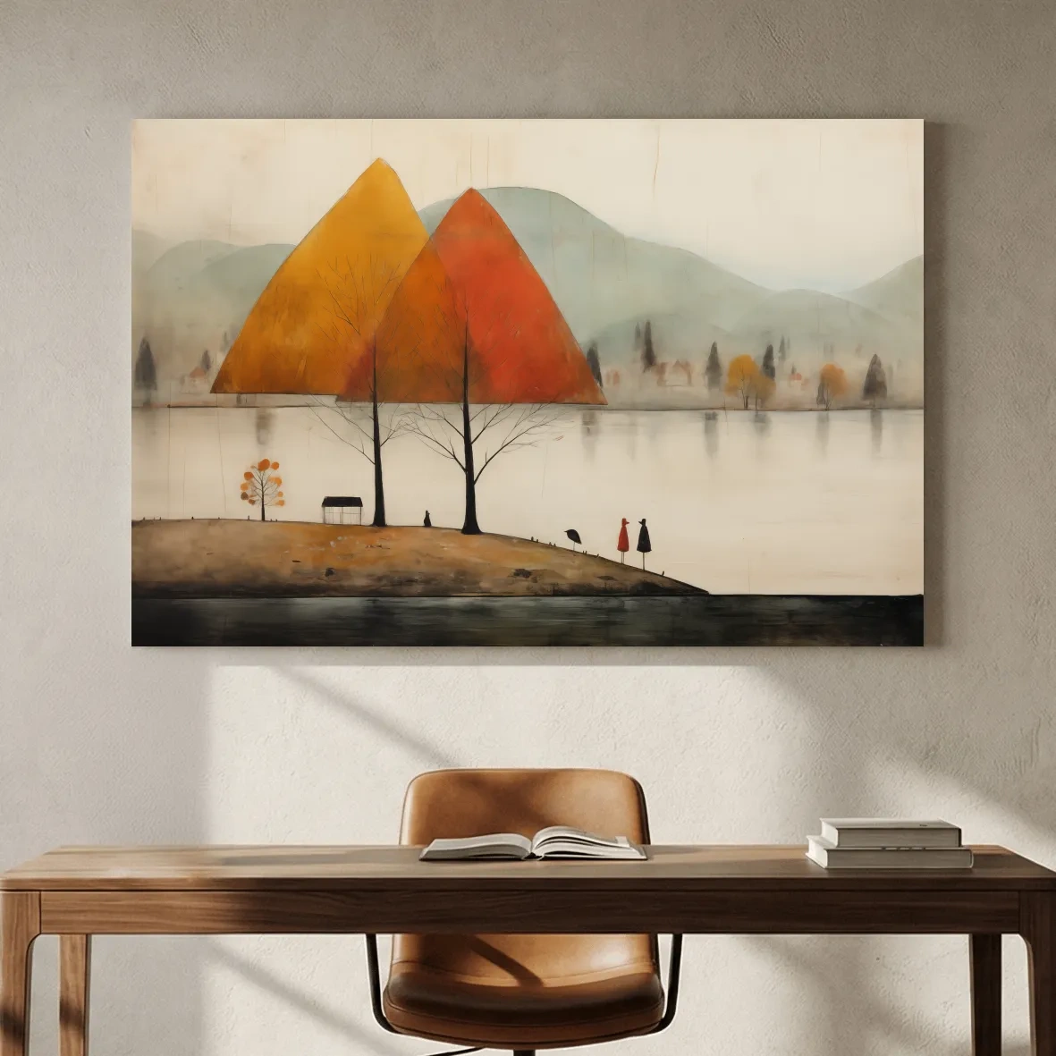 Autumn Mountains Over Misty Lakeside - Quirky Landscape Artwork
