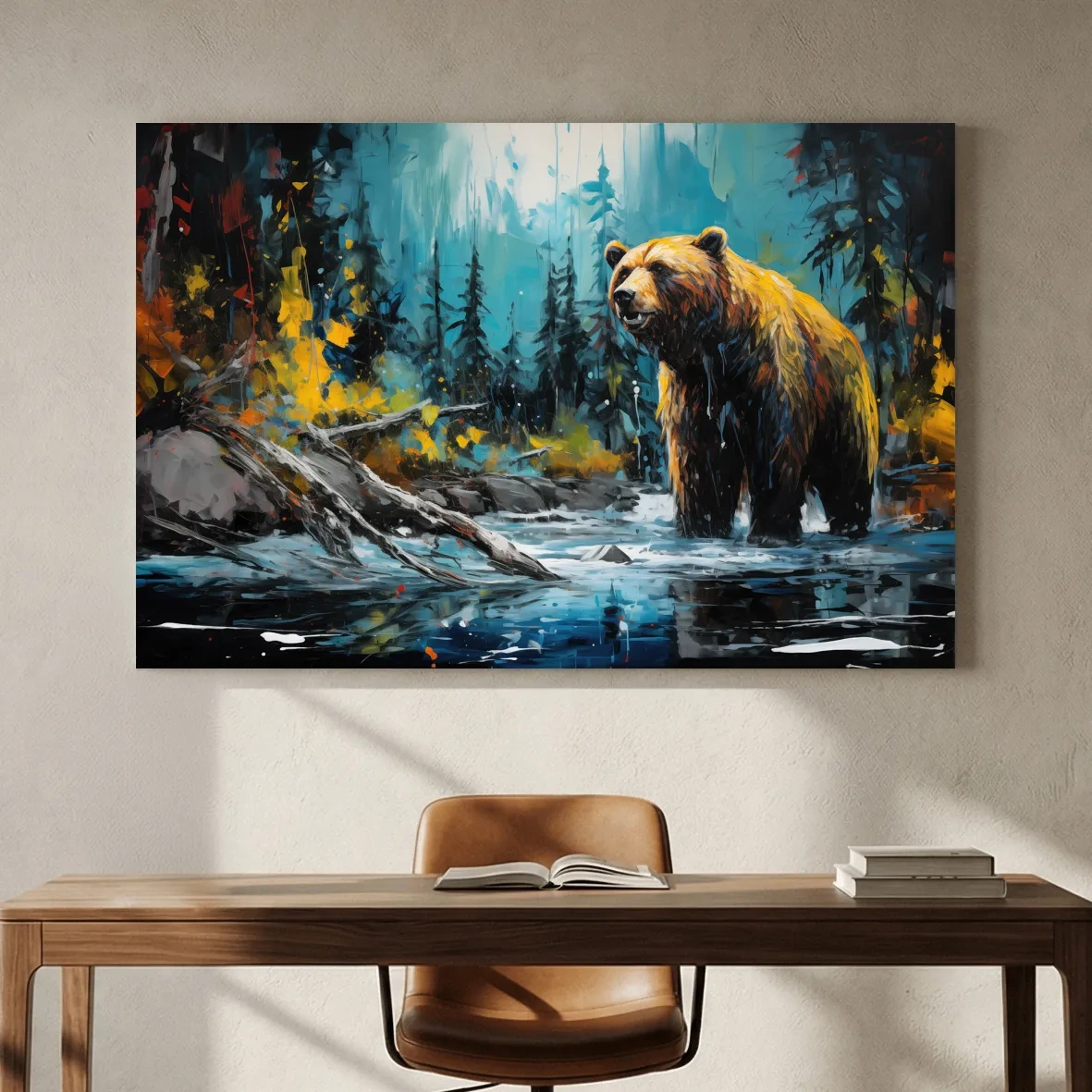 Grizzly Bear Forest River Painting - Vibrant Wildlife Nature Wall Art