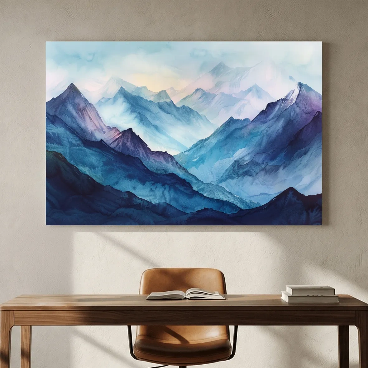 Misty Blue Watercolor Mountain Range Artwork - Serene Colourful Landscape Wall Art