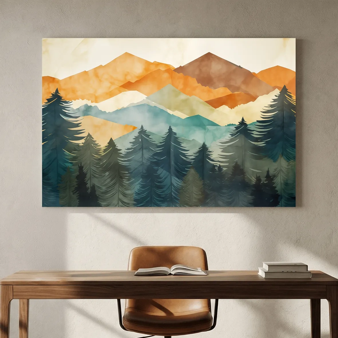 Serene Landscape Painting - Abstract Watercolour Forest & Mountains