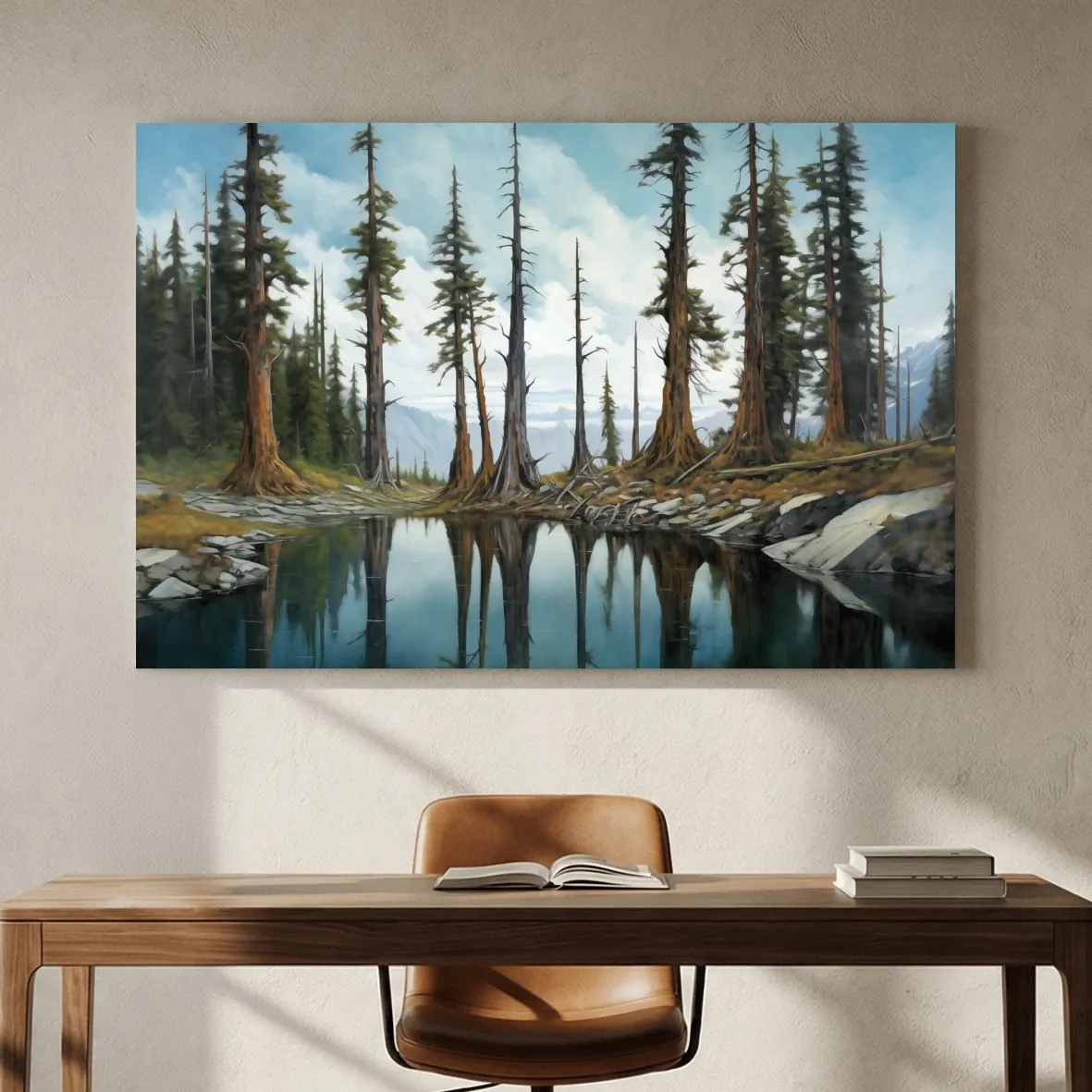 Pine Forest Lake Reflection Painting - Serene Wilderness Landscape Wall Art