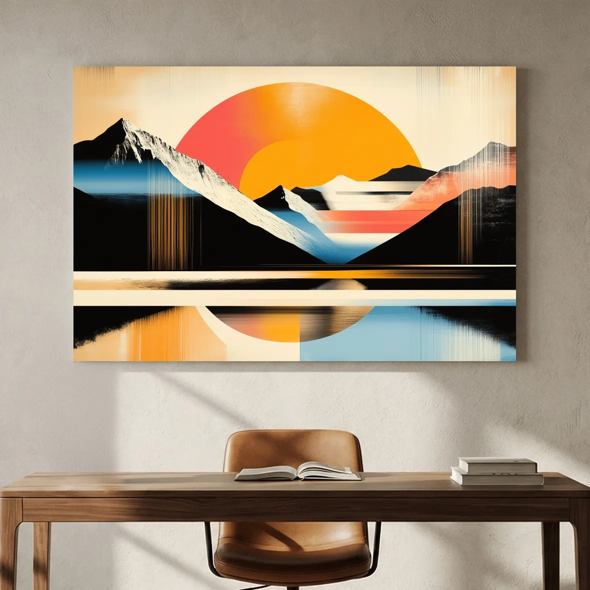 Retro Abstract Alpine Lake Sunset Artwork - Geometric Landscape Wall Art