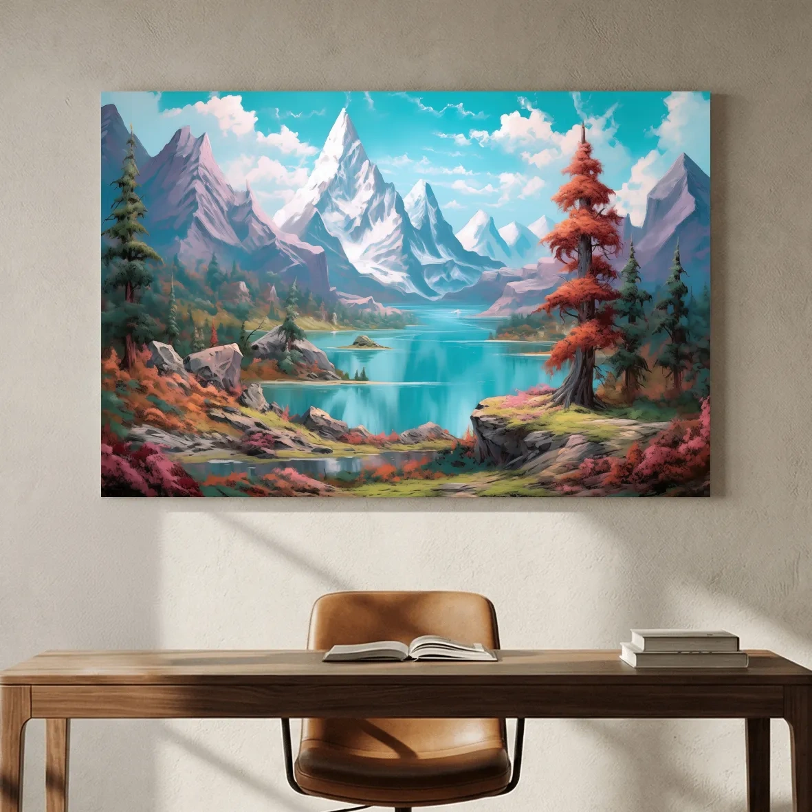 Vibrant Fantasy Alpine Lake Mountains - Surreal Colorful Artwork