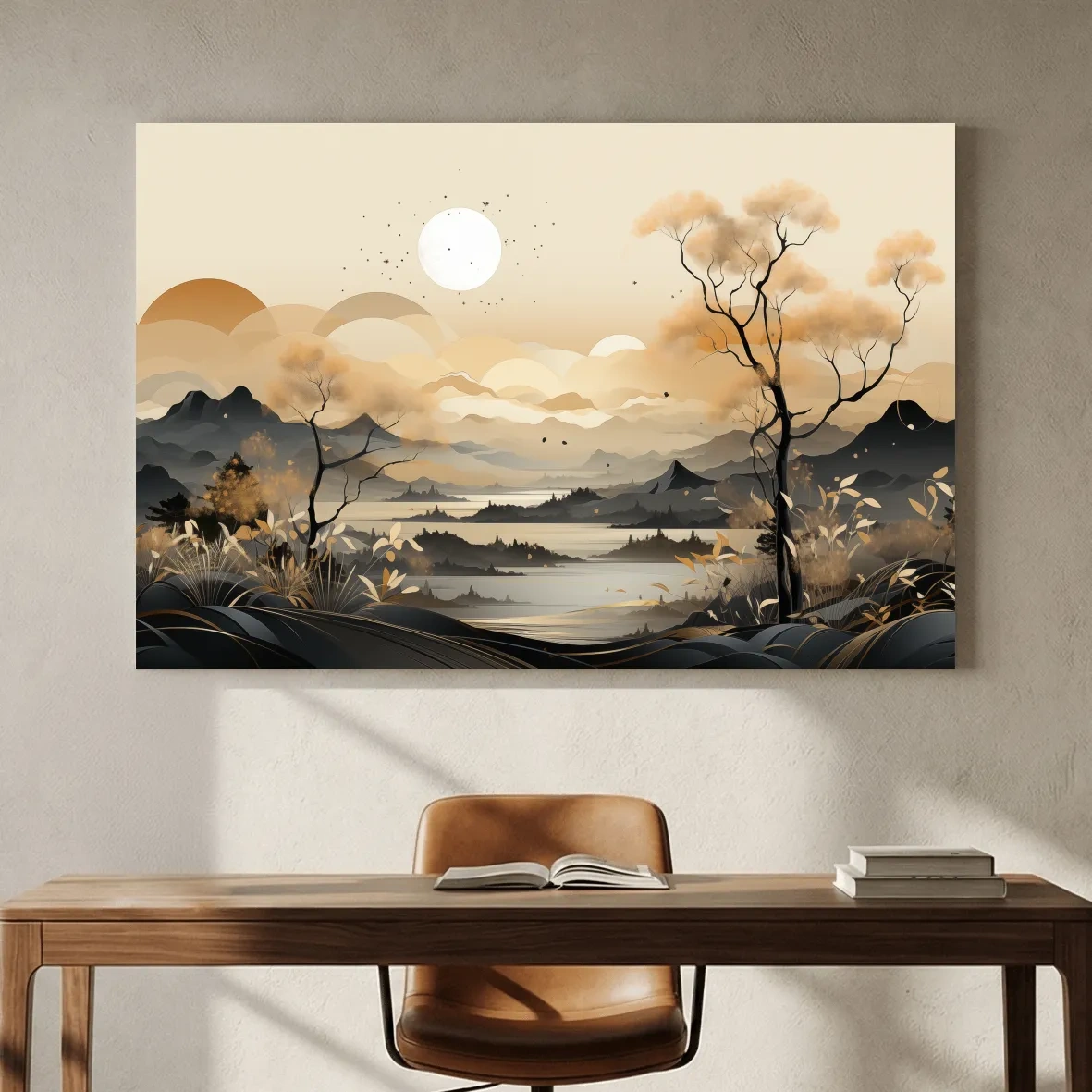 Japandi Misty Mountain Lake Landscape - Boho Wall Artwork