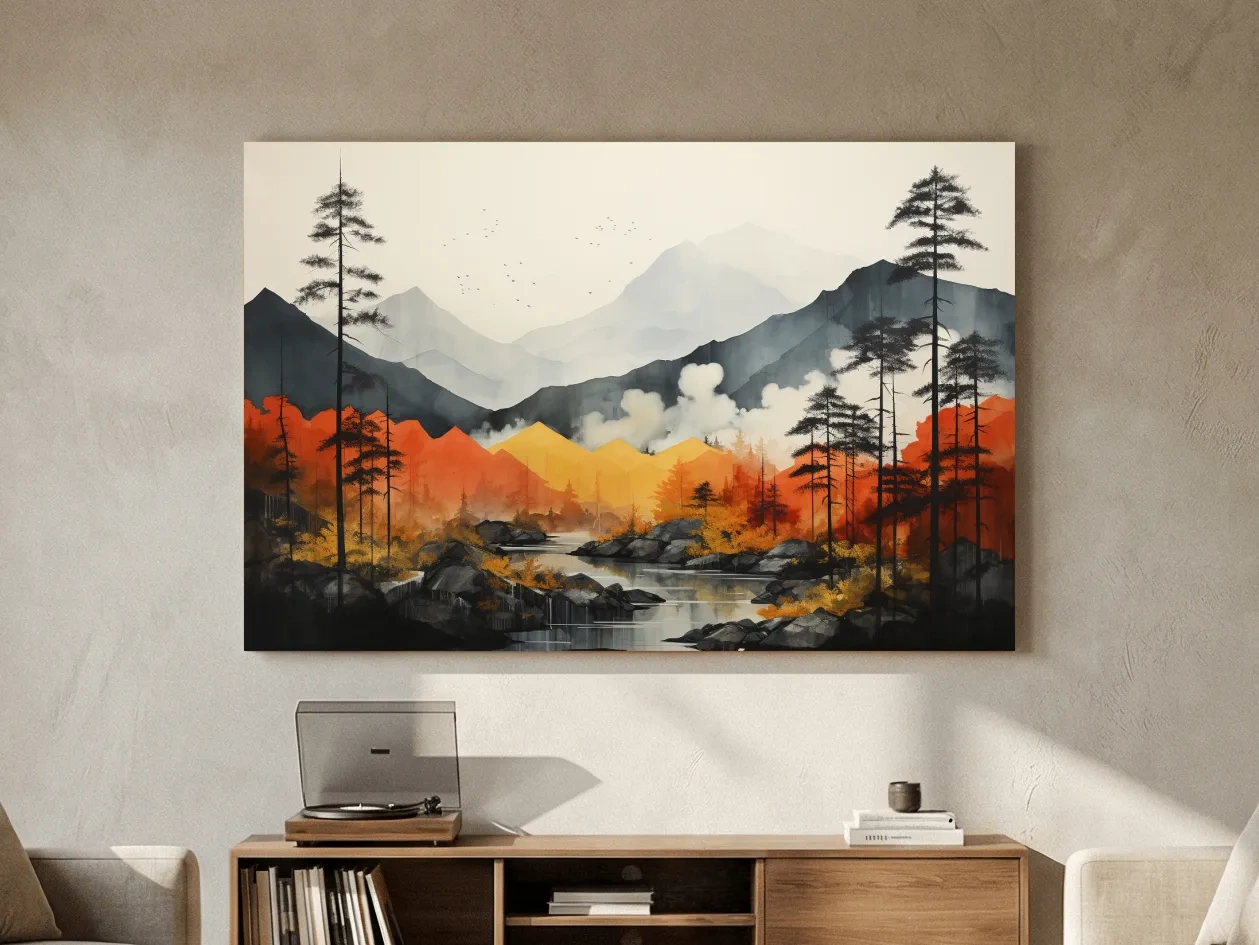 Surreal Mountain Lake Landscape - Autumn Forest Watercolor Wall Art