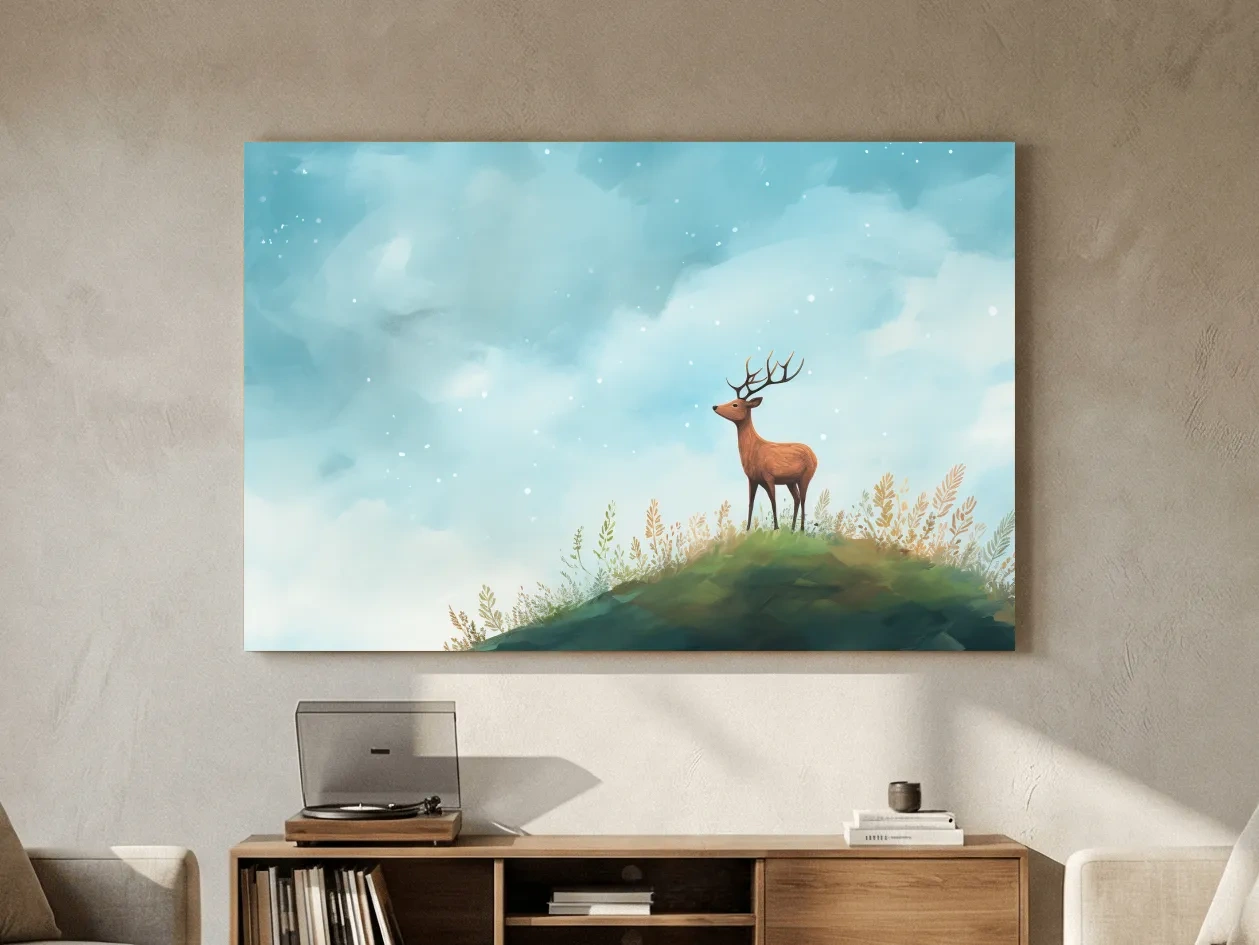 Whimsical Watercolor Stag On Meadow Hill - Nursery Woodland Wildlife Wall Art
