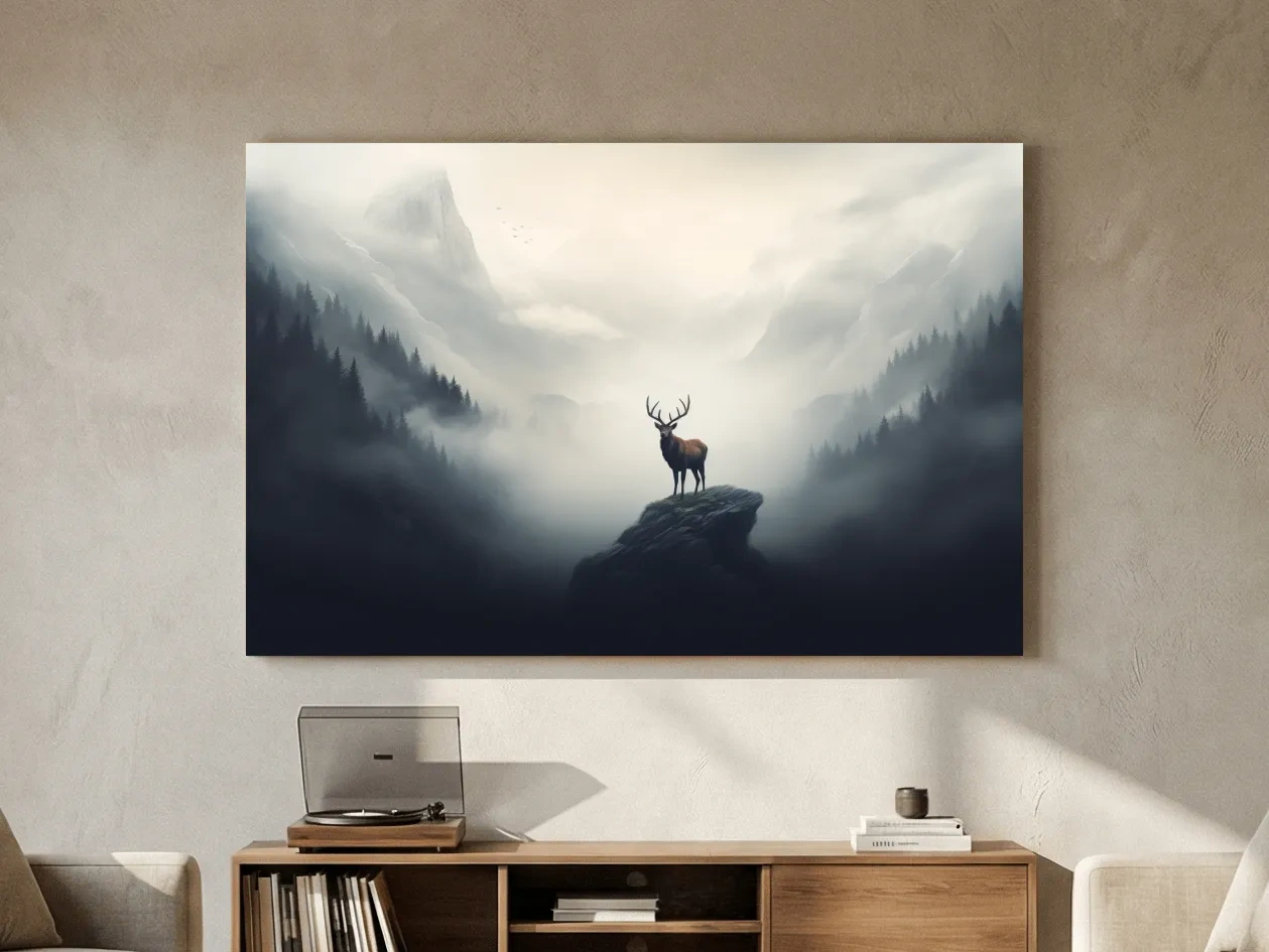 Majestic Stag On Rocky Peak - Misty Mountain Forest Wall Art
