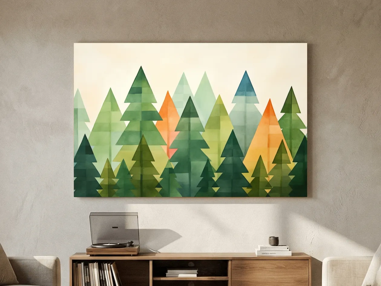 Geometric Watercolor Pine Forest Landscape - Modern Scandinavian Nature Wall Art