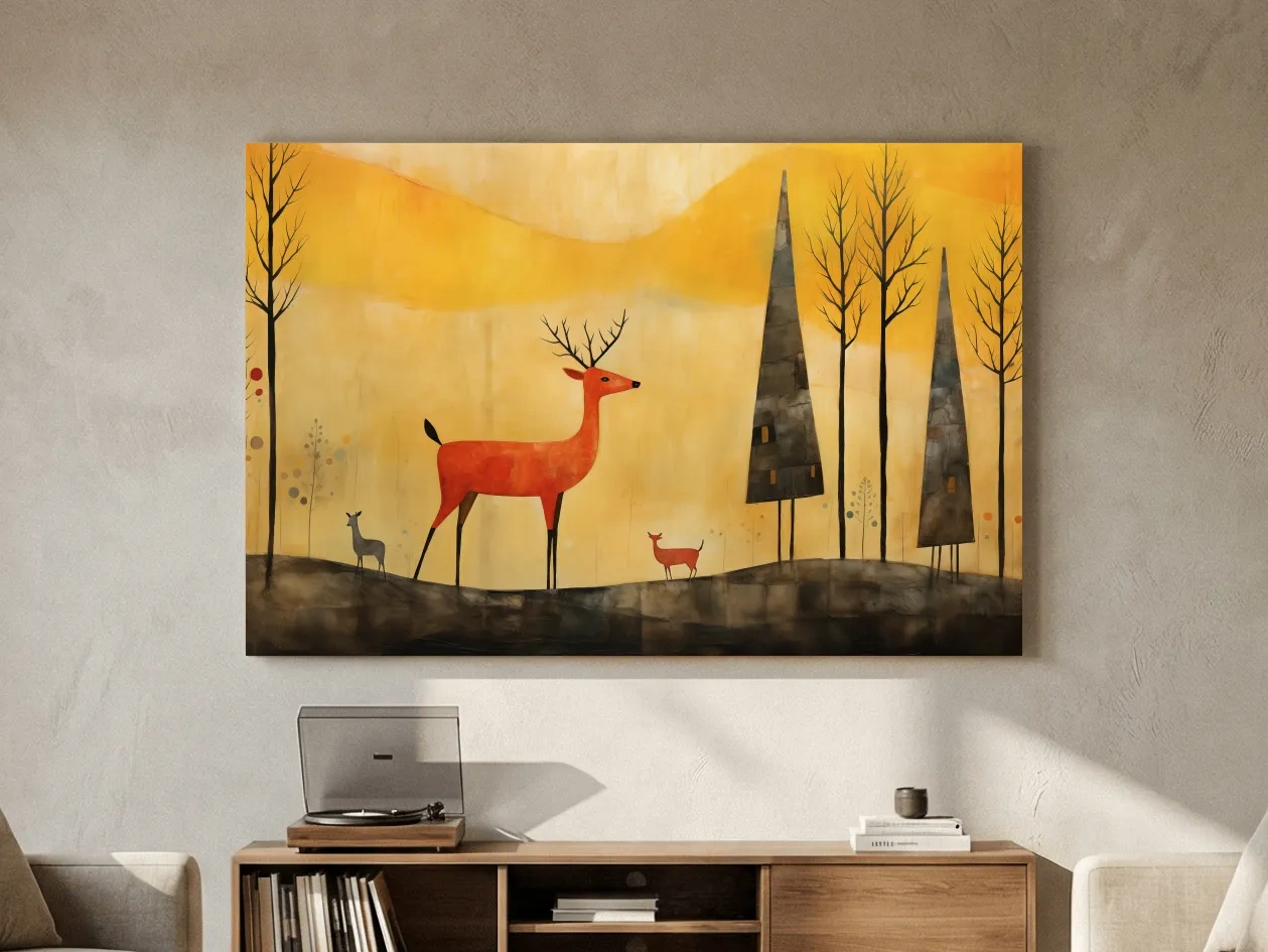 Whimsical Deer Forest Illustration - Autumn Woodland Landscape Wall Art