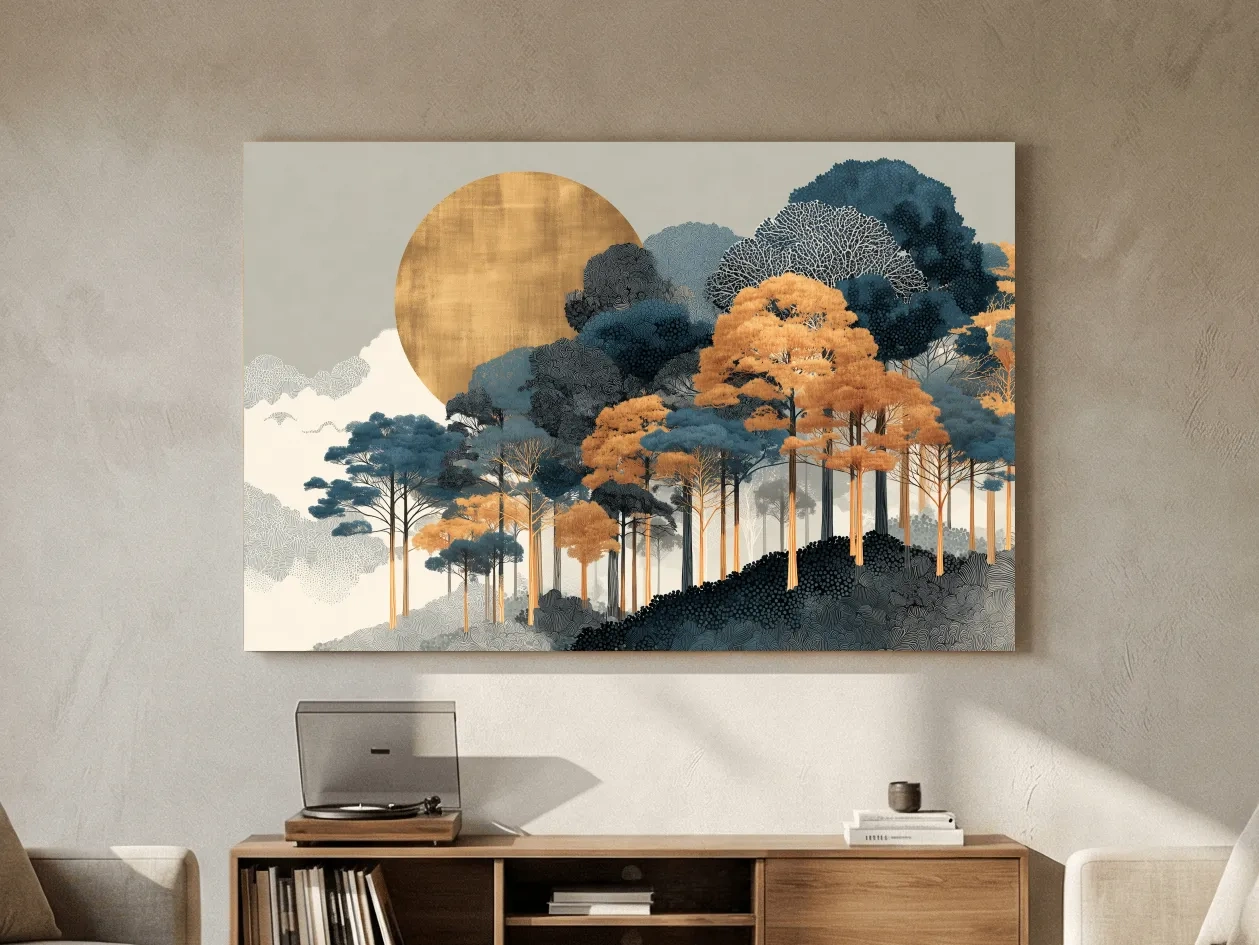 Modern Chic Golden Sun Over Autumn Forest - Elegant Boho Landscape Wall Art