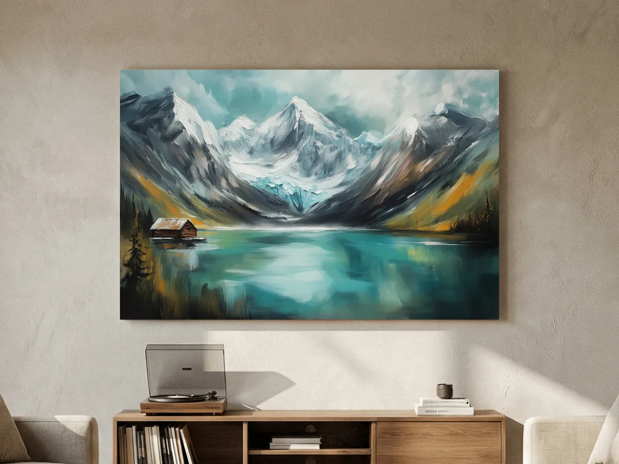 Turquoise Alpine Lake Cabin Painting - Snowy Mountain Landscape Wall Art