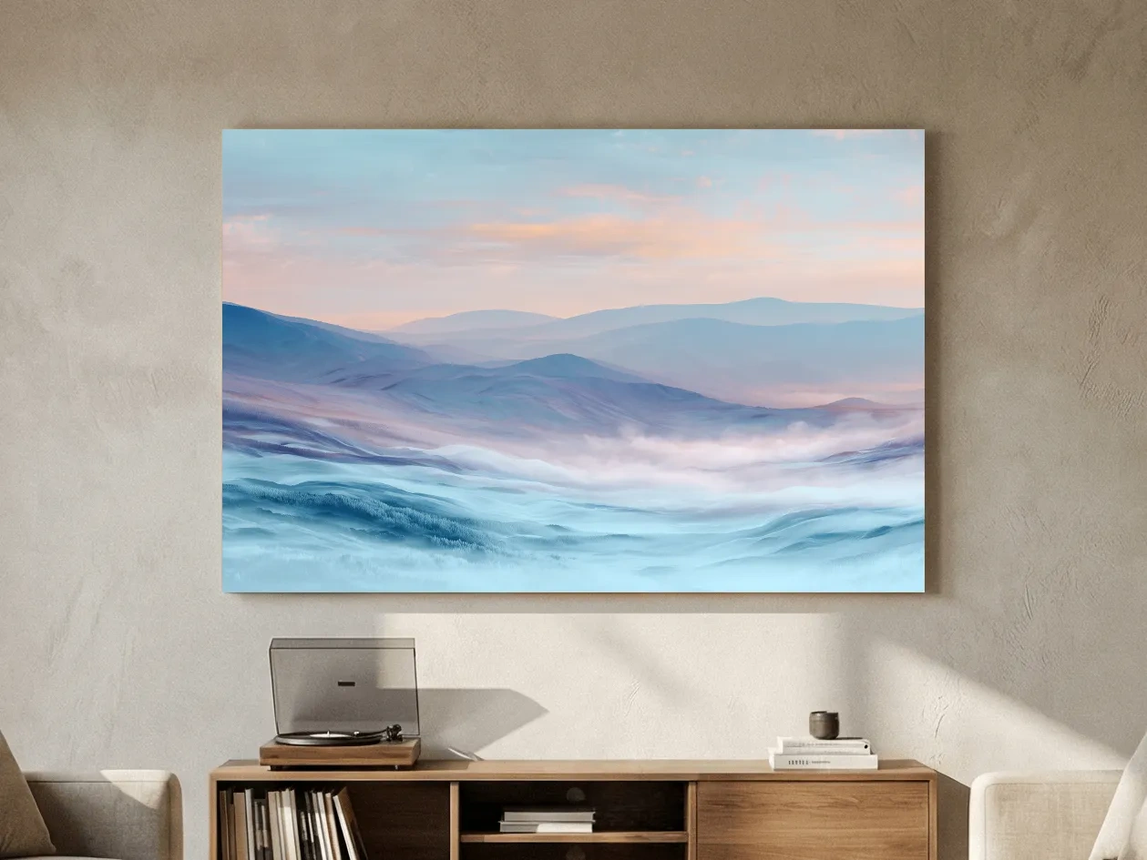Ethereal Pastel Misty Mountain Landscape - Serene Abstract Forest Wall Art