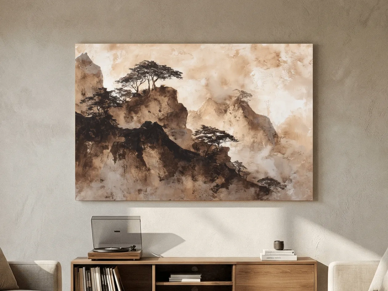 Sepia Japandi Mountain Ridge Painting - Atmospheric Ink Wash Art