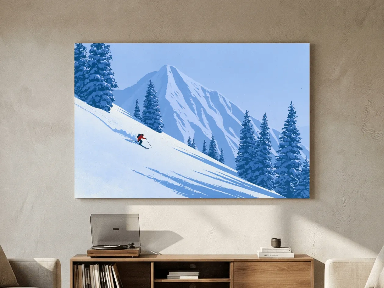 Minimalist Snowy Mountain Skier Landscape - Winter Alpine Illustration Wall Art