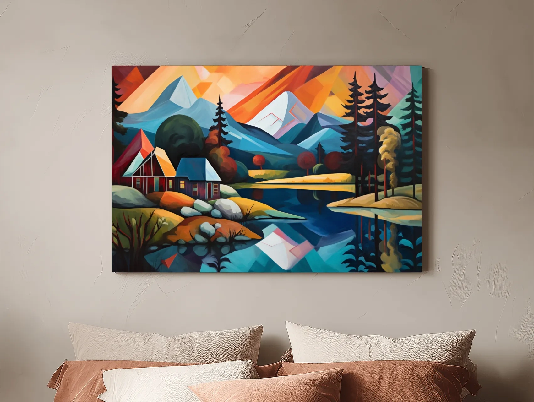 Vibrant Geometric Mountain Lake Cabin Oil Painting - Modern Abstract Wall Art