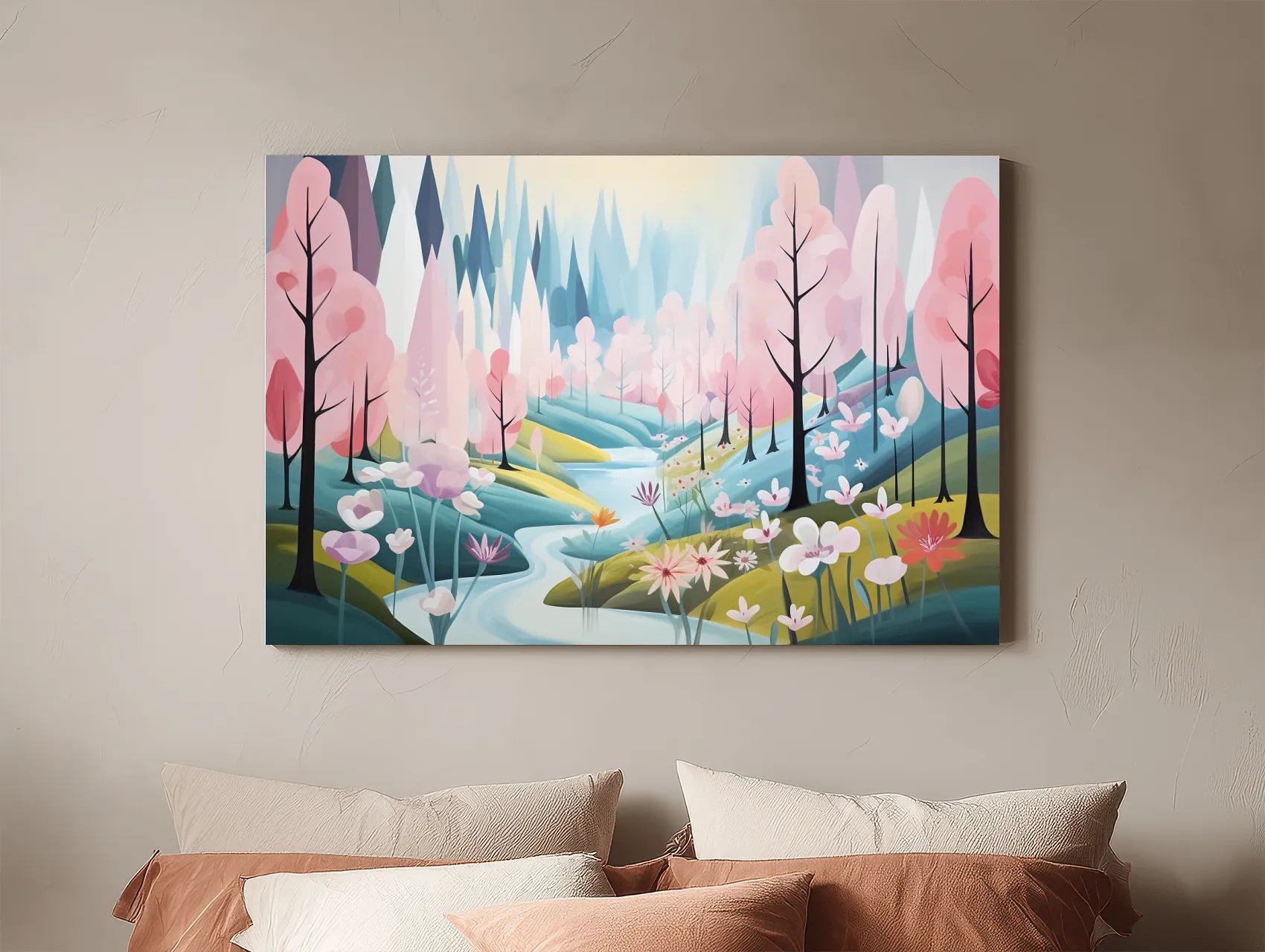 Dreamy Pastel Pink Blossom Forest - Whimsical Floral Landscape Wall Art