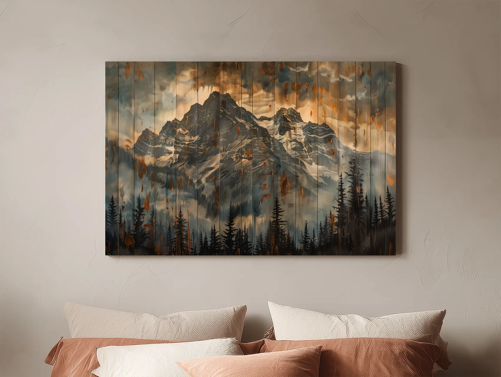 Rustic Mountain Range Painting - Alpine Forest Wood Panel Wall Art