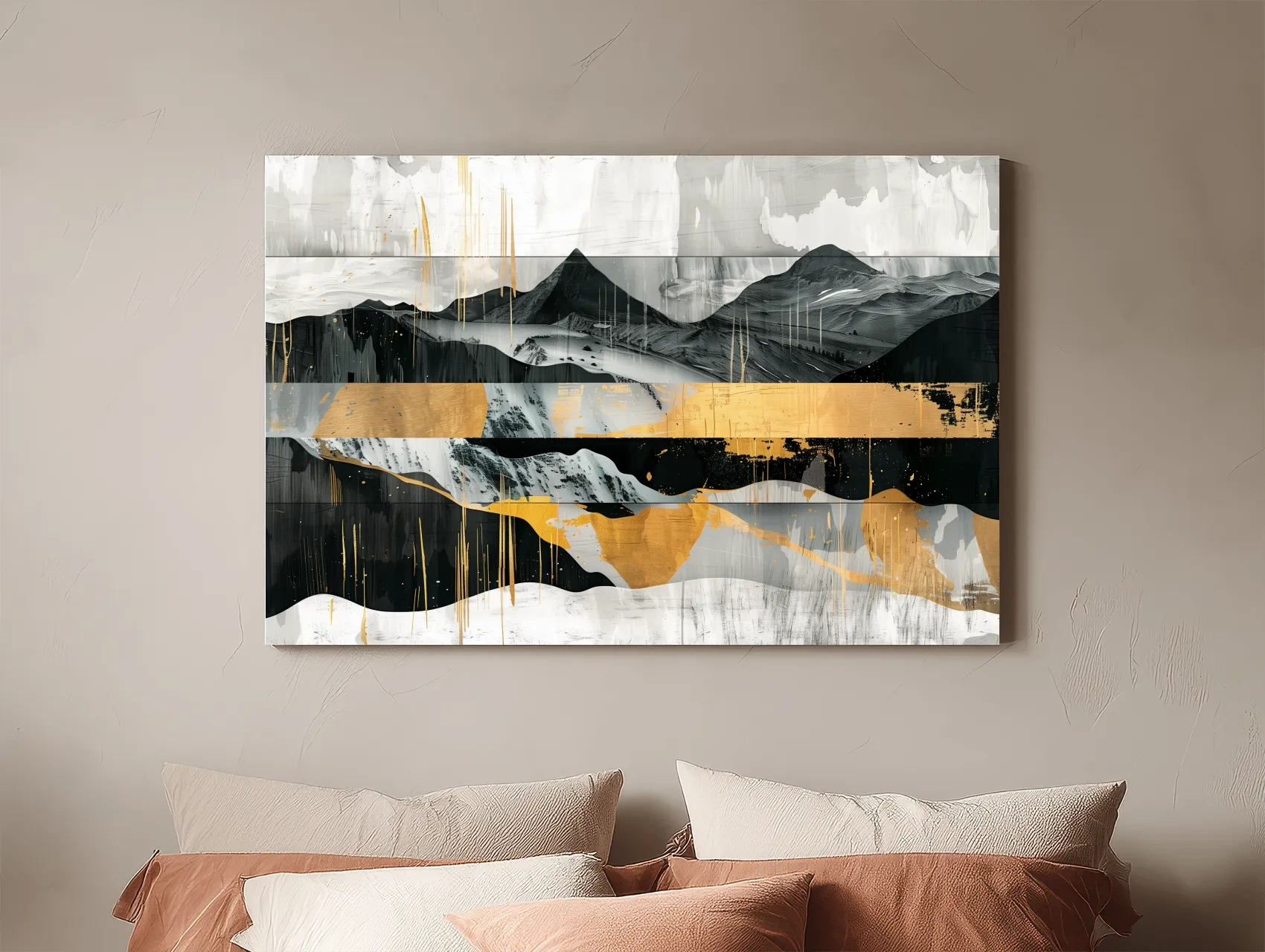 Abstract Monochrome Mountain Range With Gold Accents - Modern Mixed Media Landscape Wall Art