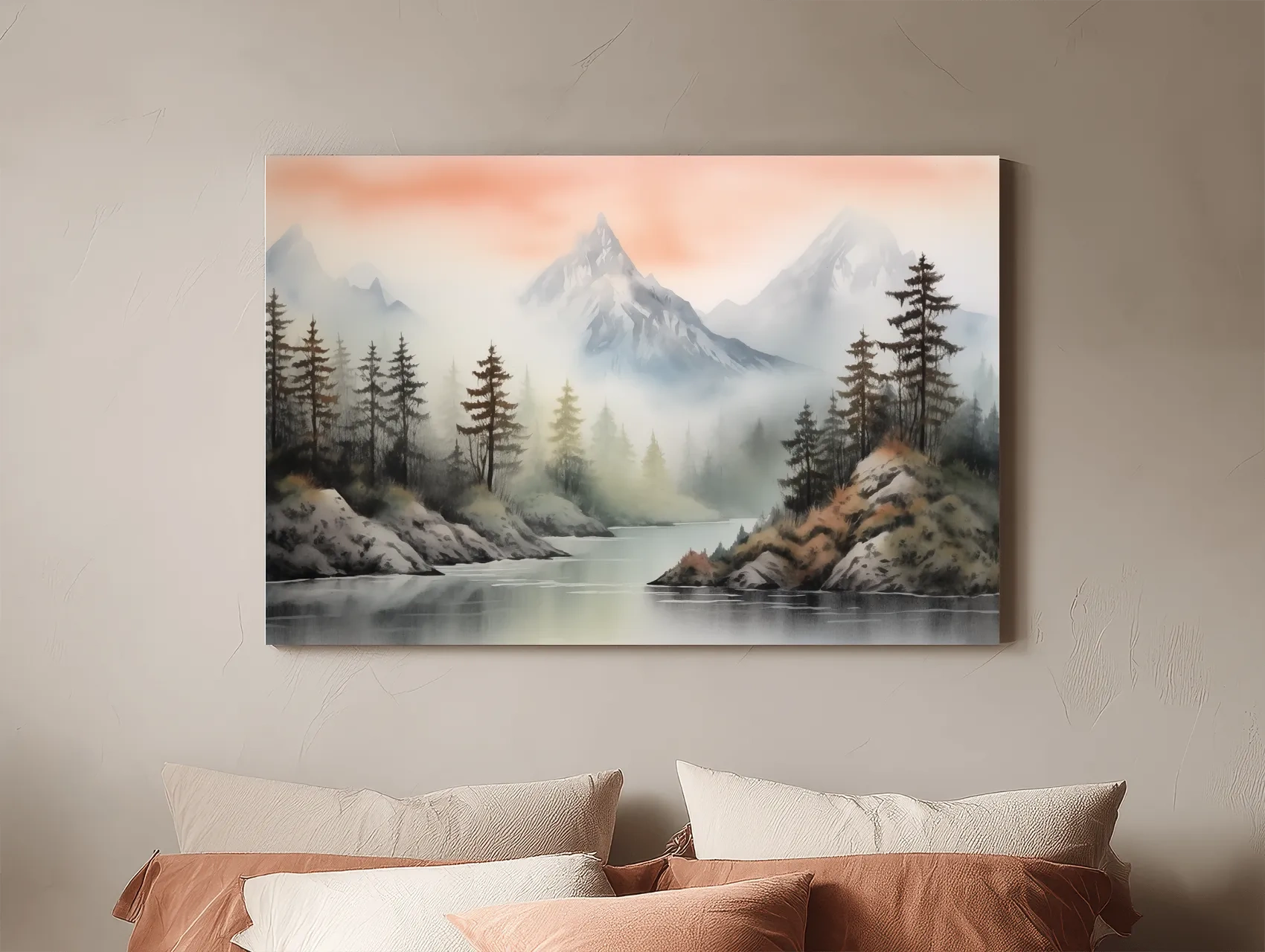 Misty Watercolor Mountain Lake Landscape - Serene Pine Forest Wall Art