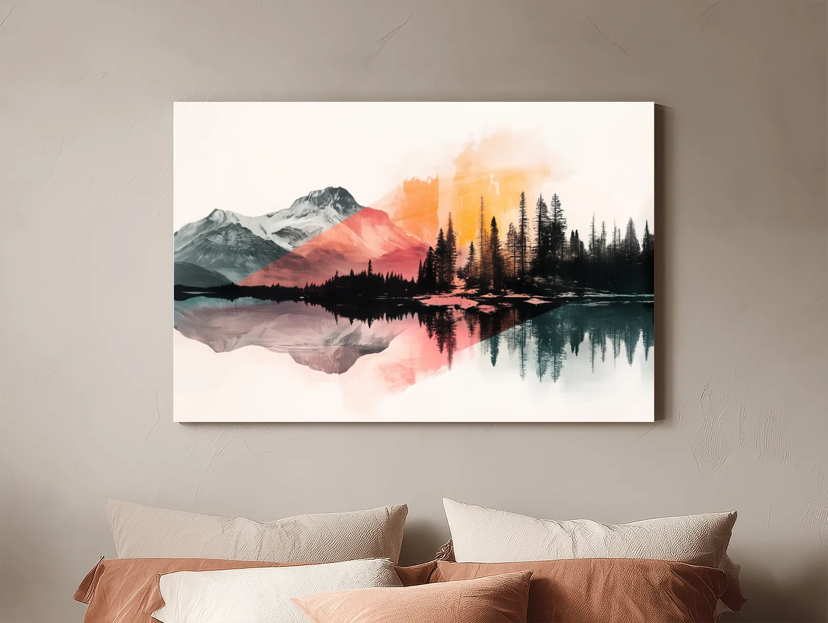 Abstract Alpine Lake Reflection Painting - Modern Watercolor Forest Landscape Wall Art