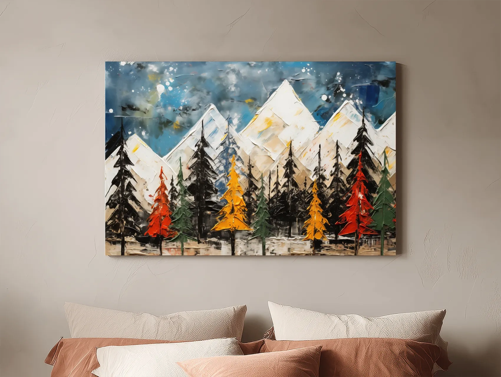 Textured Abstract Oil Painting Style Mountain Forest - Colorful Autumn Pines Landscape Wall Art