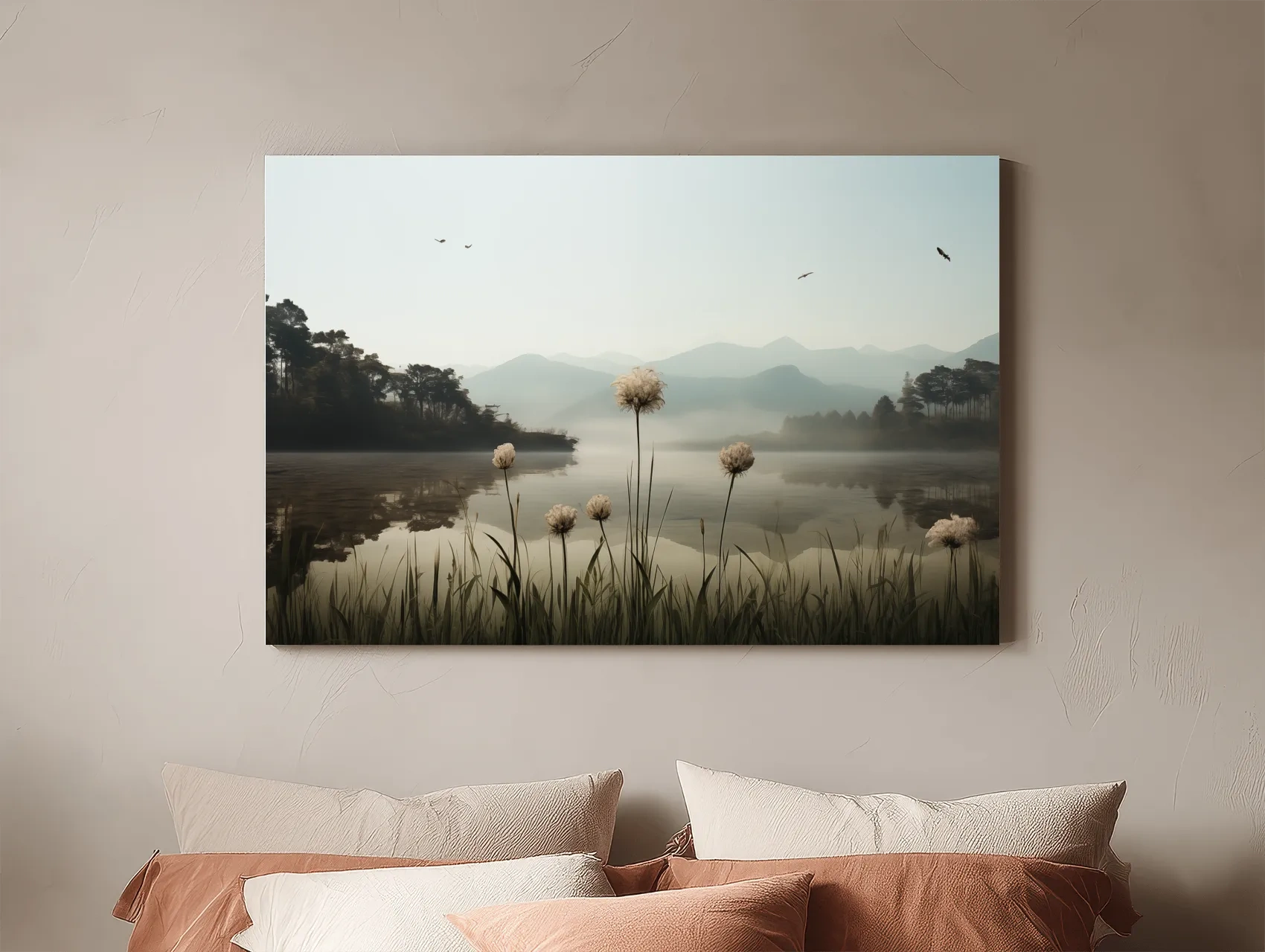 Misty Lake Painting With Wildflowers - Serene Landscape Wall Art