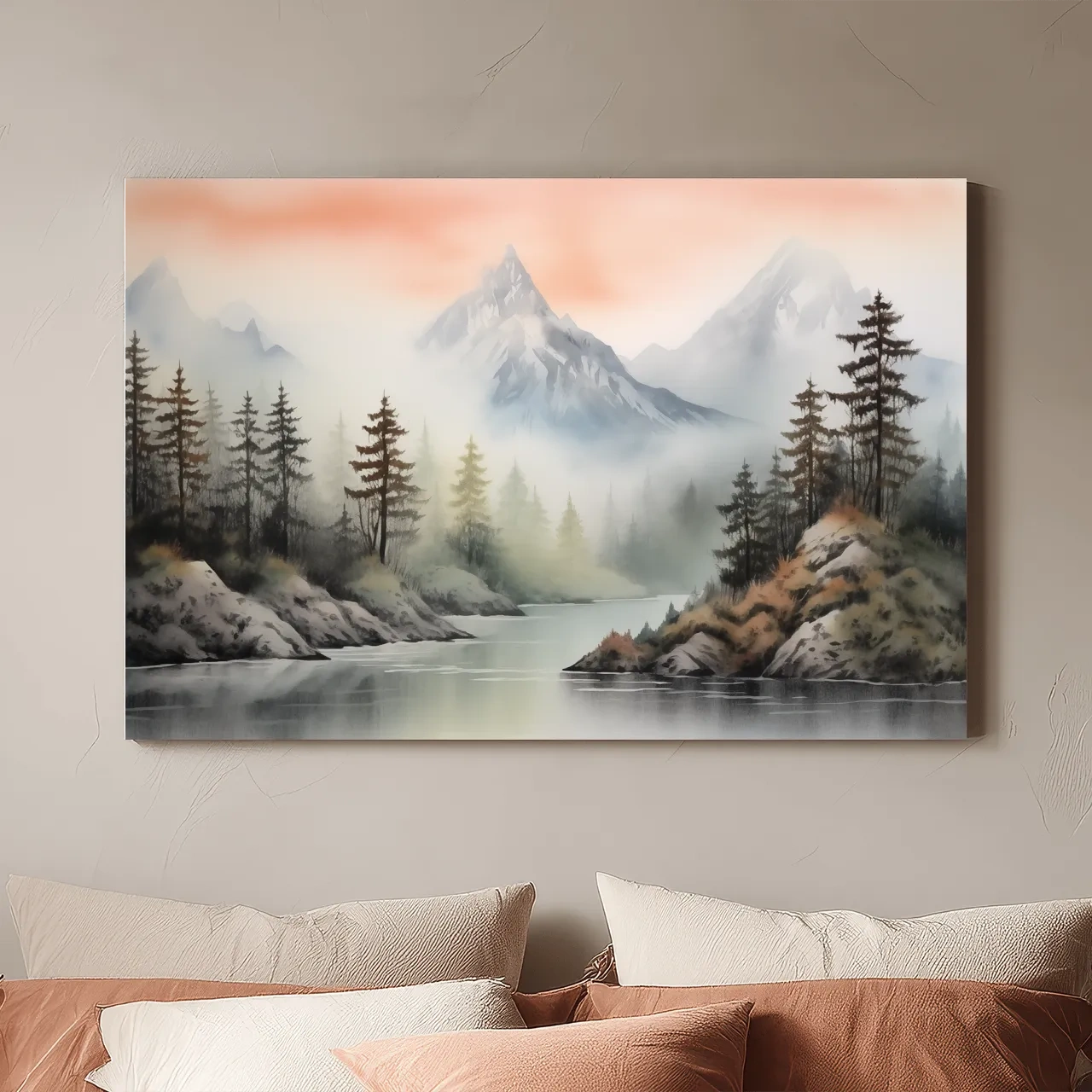 Misty Watercolor Mountain Lake Landscape - Serene Pine Forest Wall Art