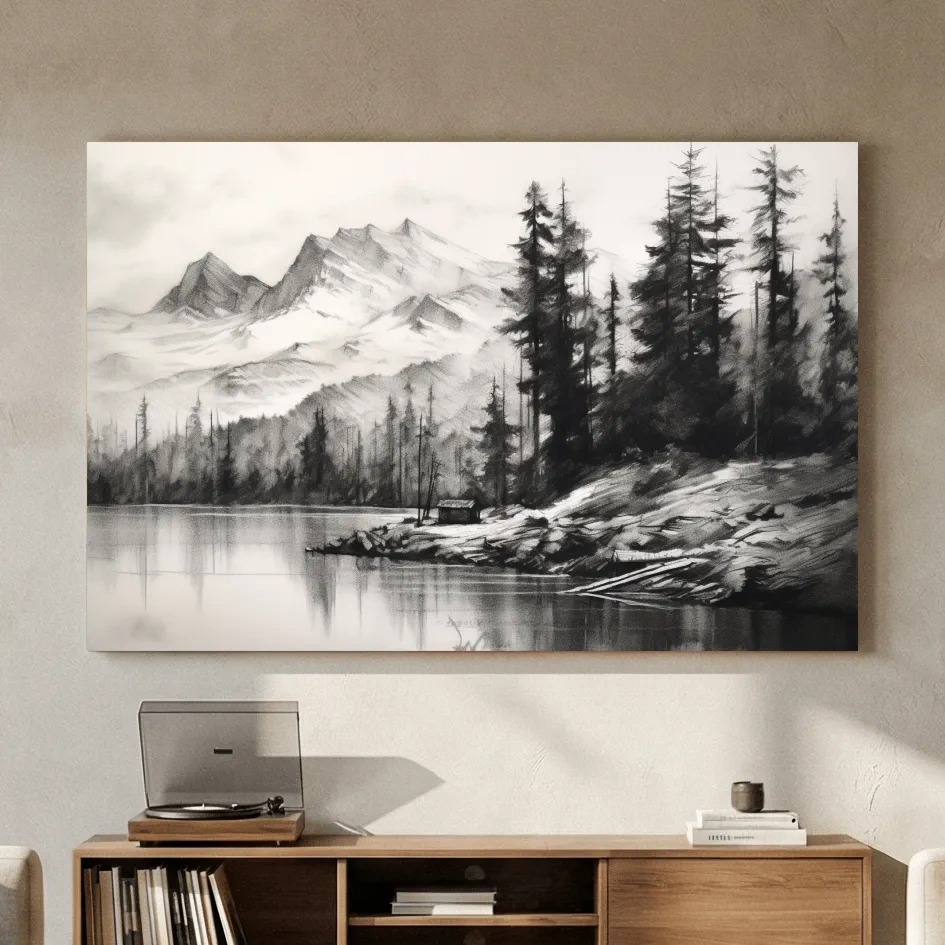 Monochrome Mountain Lake Charcoal Sketch - Pine Forest Landscape Wall Art