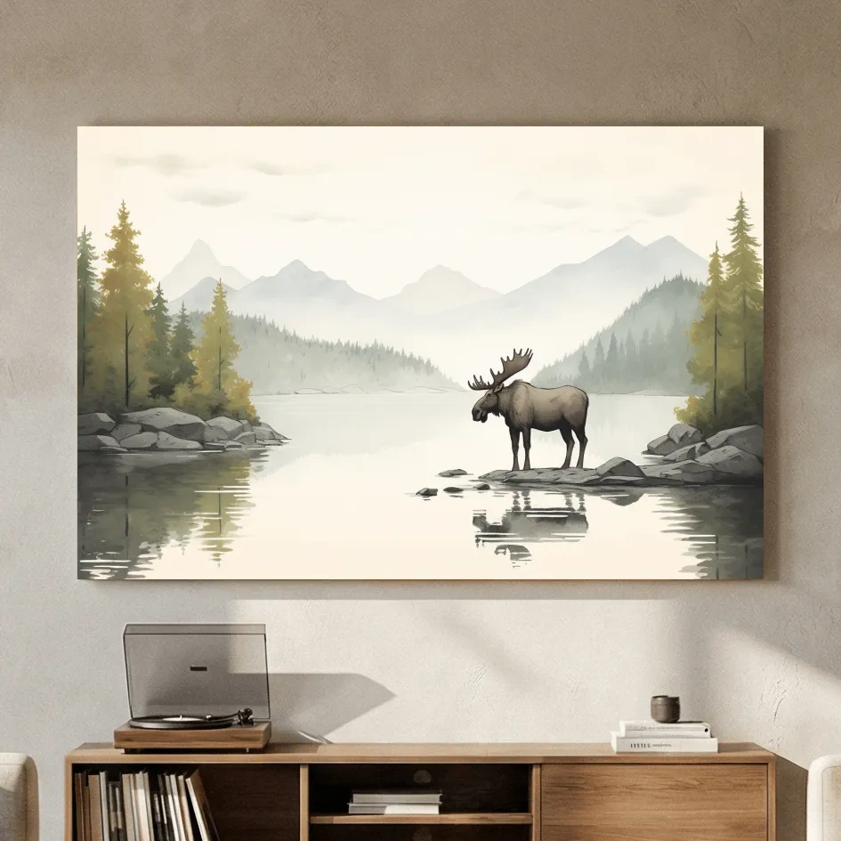 Watercolor Moose By Misty Lake - Mountain Wilderness Nursery Wall Art