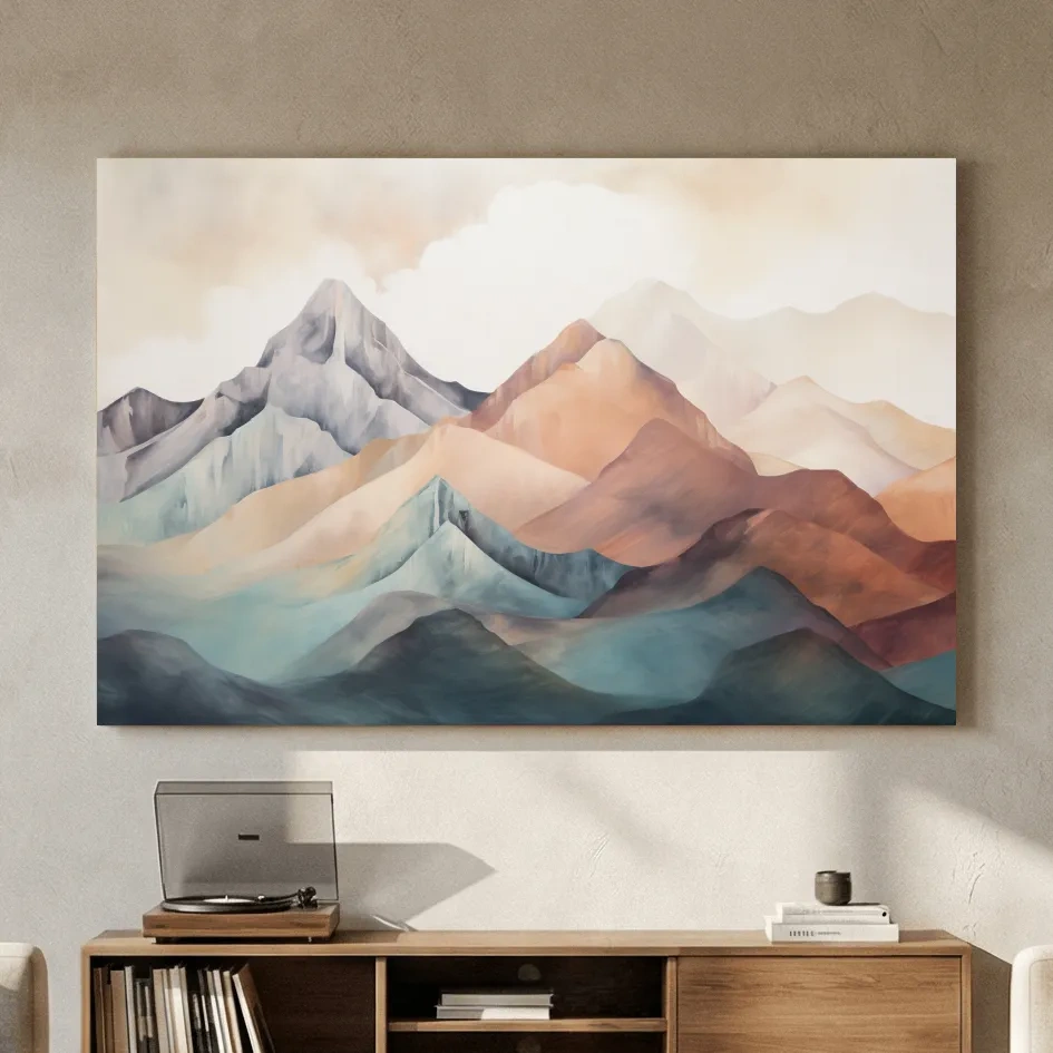 Abstract Watercolor Mountain Range Landscape - Serene Pastel Alpine Wall Art