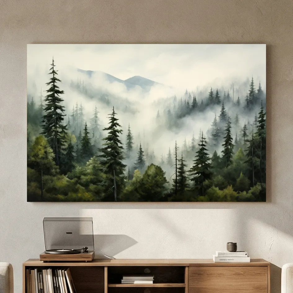 Foggy Alpine Mountain Forest Painting - Moody Watercolor Landscape Wall Art