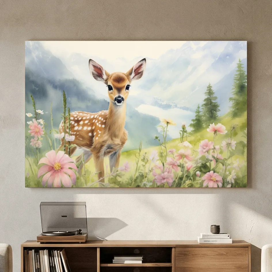 Watercolor Fawn In Wildflowers - Pastel Alpine Meadow Nursery Wall Art