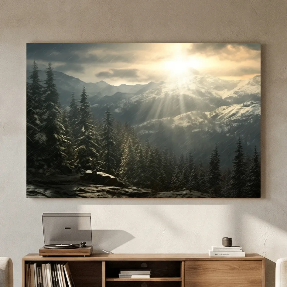 Mountain Snowstorm Sunrise Over Pine Forest - Dramatic Winter Landscape Artwork