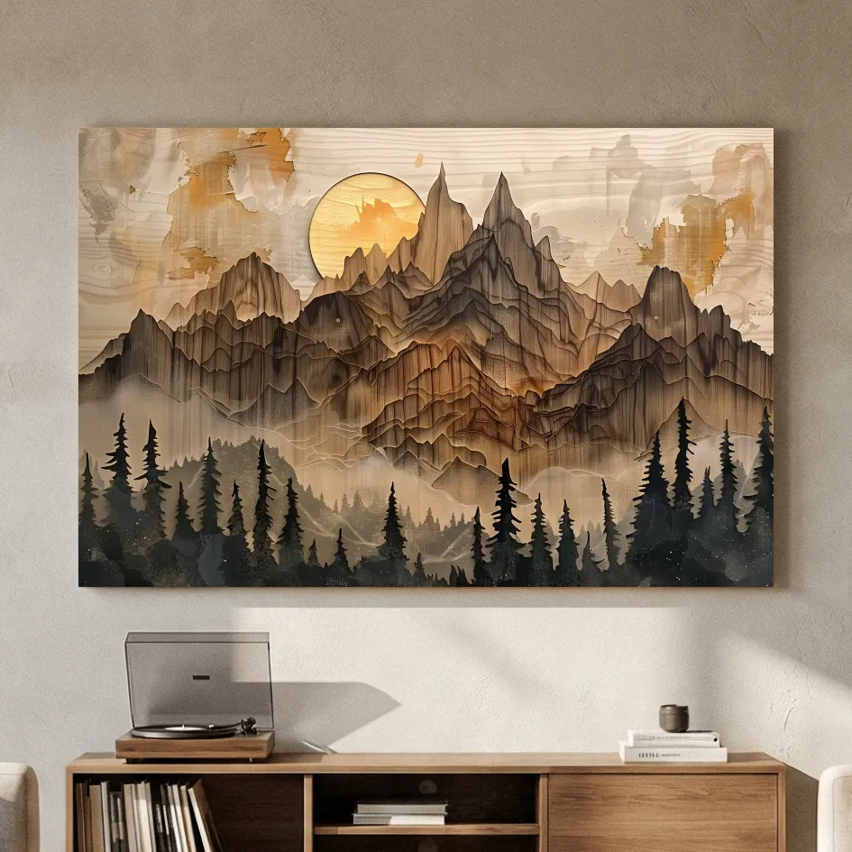 Rustic Mountain Sunset Landscape - Woodcut Style Alpine Wall Art