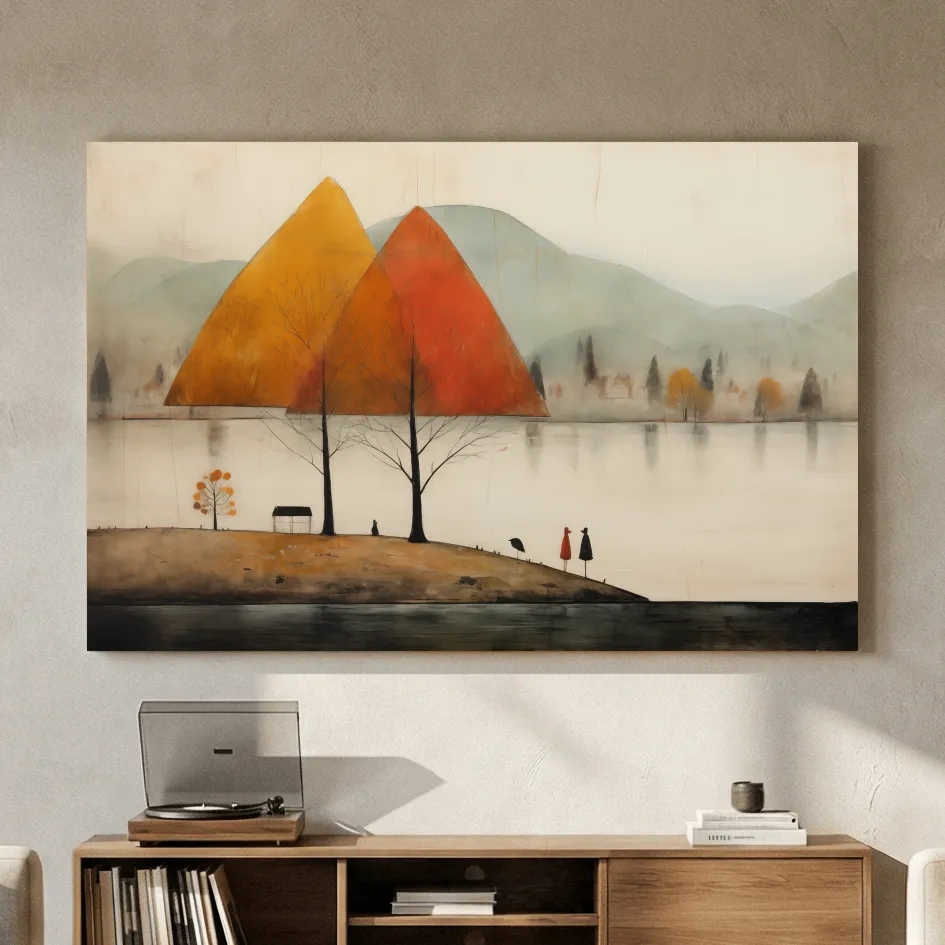 Autumn Mountains Over Misty Lakeside - Quirky Landscape Artwork
