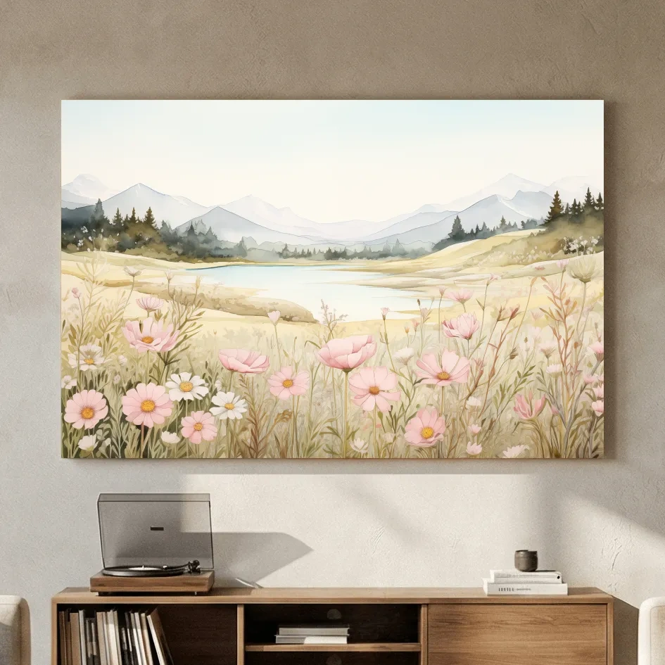 Soft Watercolor Wildflower Meadow Landscape - Serene Pastel Alpine Wall Art