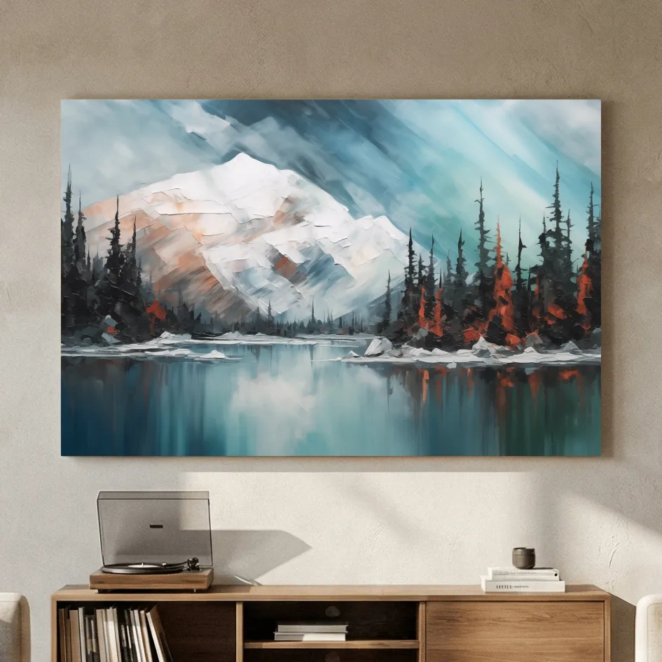 Alpine Glacier Lake Impasto Style Painting - Textured Forest Wall Art